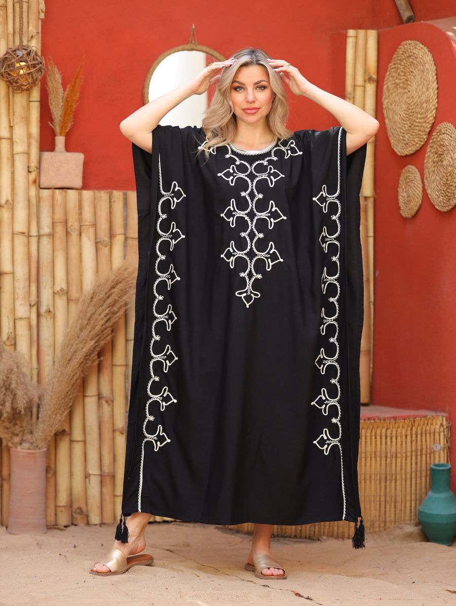 Black hand embroidered cotton caftan for women, women's kaftan, free size caftan, Summer Kaftan, cotton Caftans for women