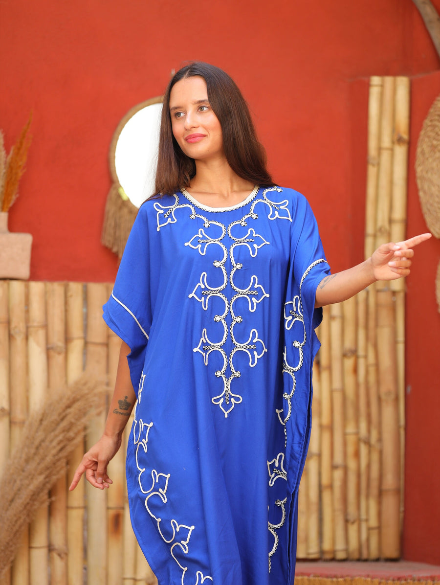 Royal blue hand embroidered women cotton caftan, women's kaftan, free size caftan, Summer Kaftan, cotton Caftans for women