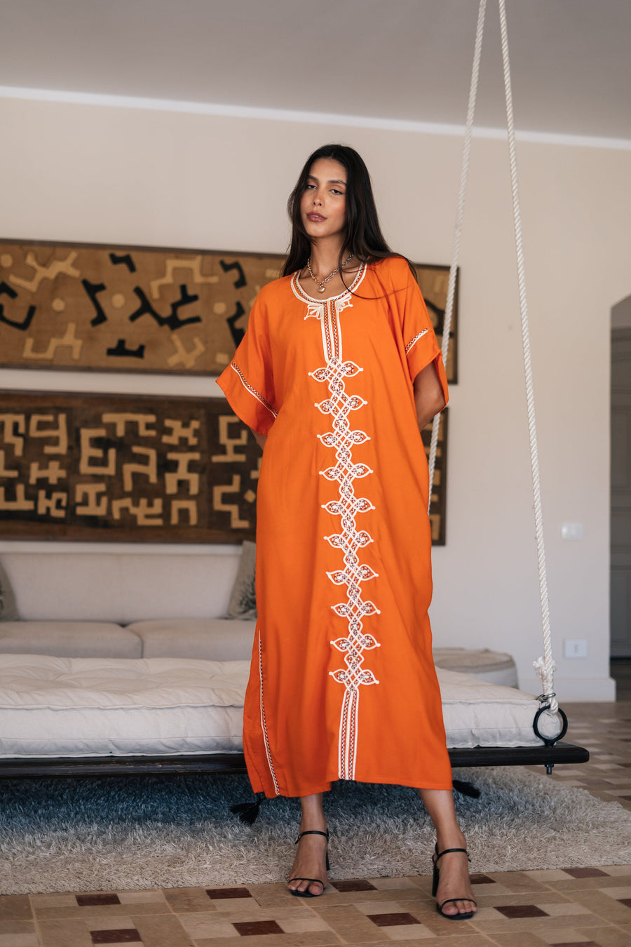 Chic orange hand embroidered cotton caftans for women, women's kaftan, free size caftan, Summer Kaftan, cotton Caftans for women