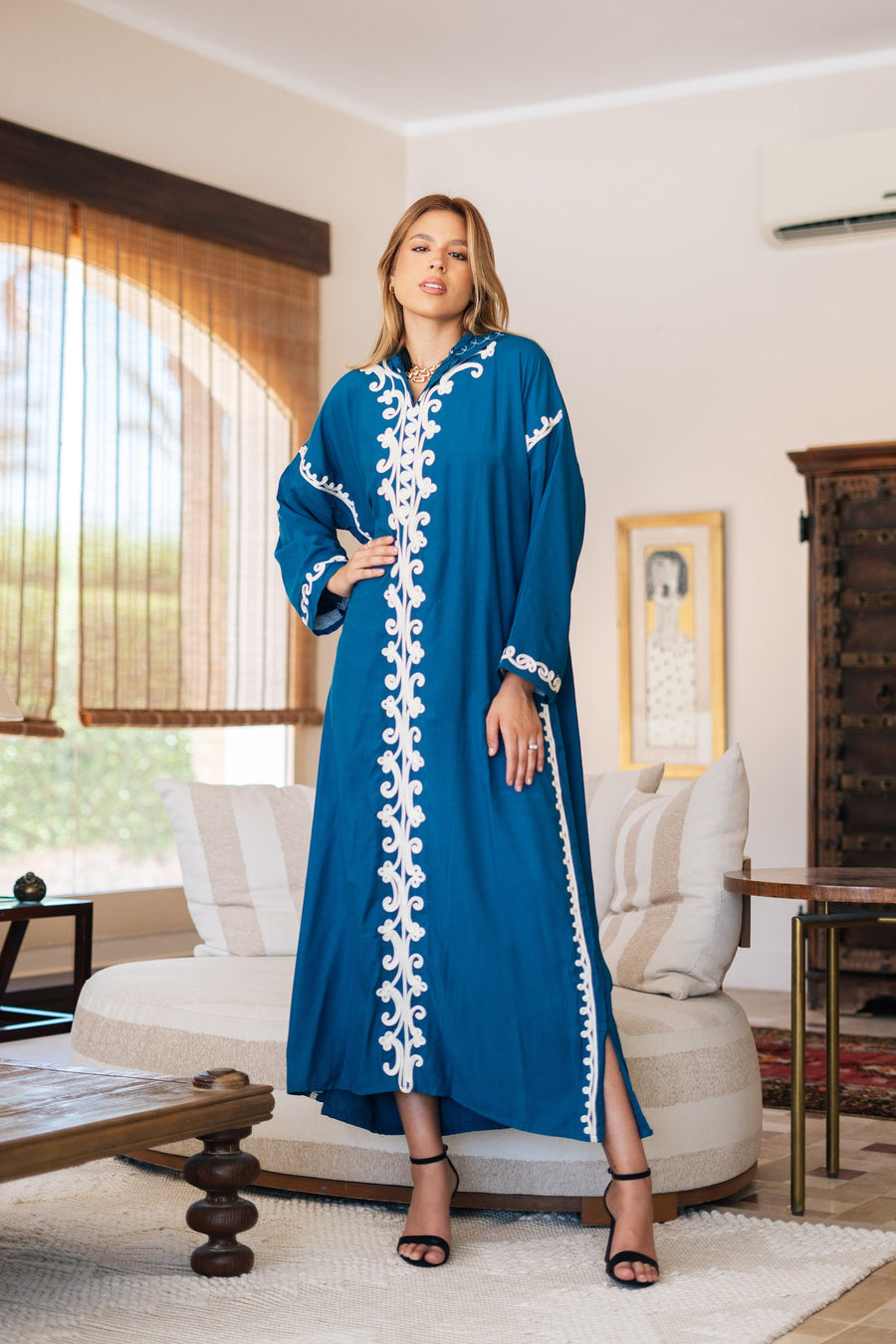 Luxurious hooded blue embroidered caftan, Cotton summer caftan, chic caftan, Summer Kaftan, Caftans for women, caftans for women
