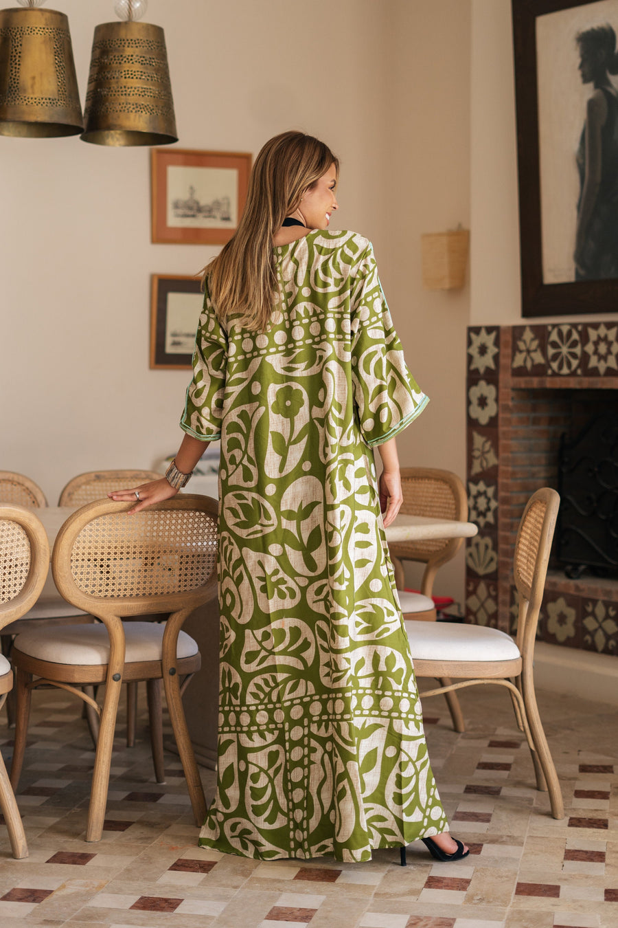 Chic green print Summer embroidered Kaftan, Caftan, caftans for women, Boho Kaftan dress, Caftans for women, summer kaftans, women