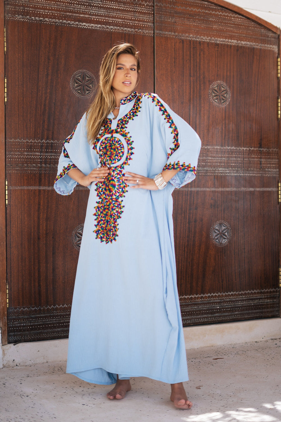 Boho colorful turquoise hand embroidered caftan for women, caftan, women's kaftan, free size Kaftan, Summer Kaftan, cotton Caftans