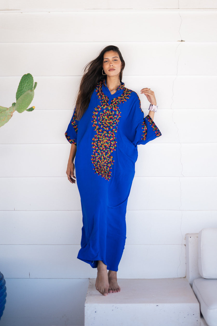 Boho colorful blue hand embroidered caftan for women, caftan, women's kaftan, free size Kaftan, Summer Kaftan, cotton Caftans