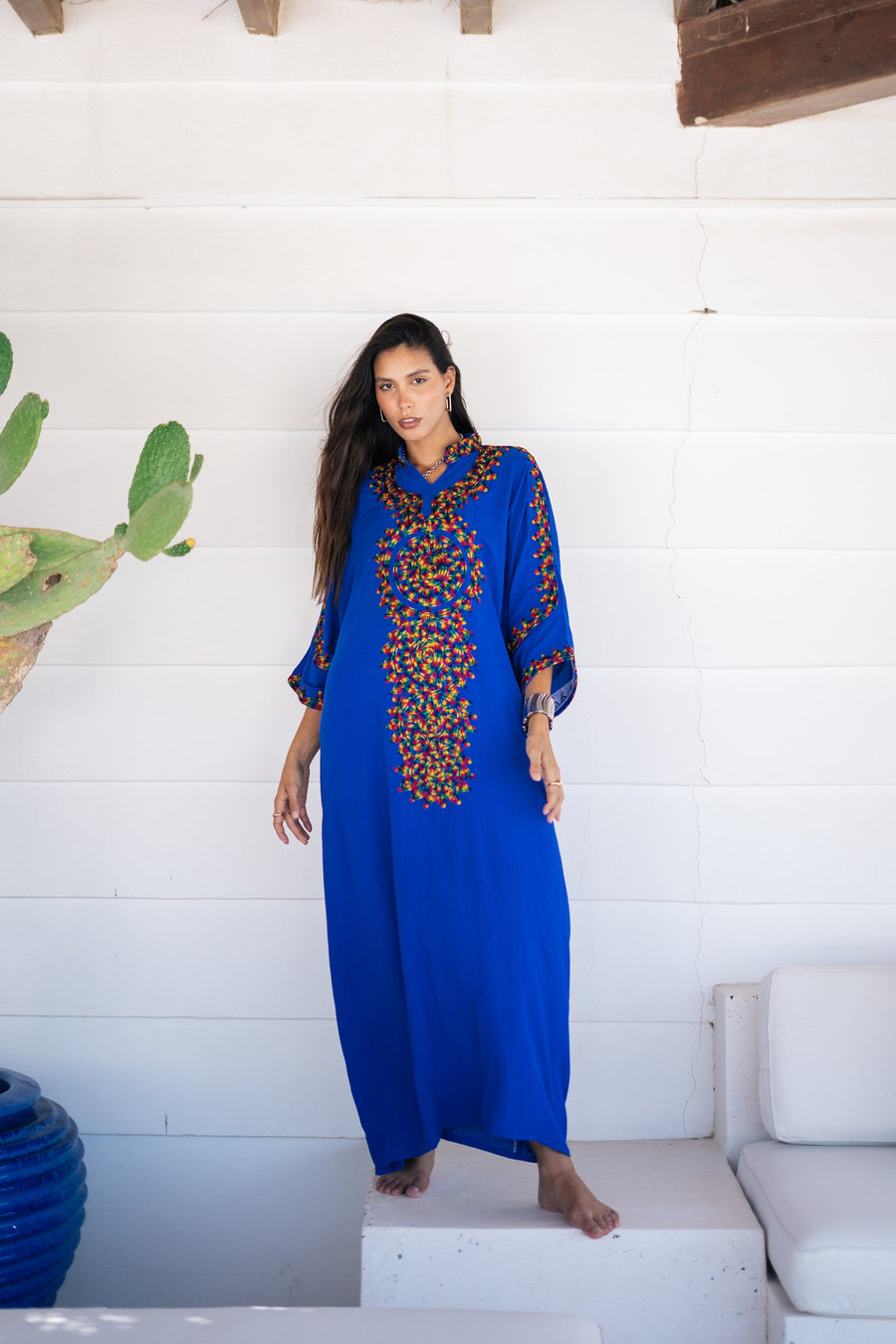 Boho colorful blue hand embroidered caftan for women, caftan, women's kaftan, free size Kaftan, Summer Kaftan, cotton Caftans