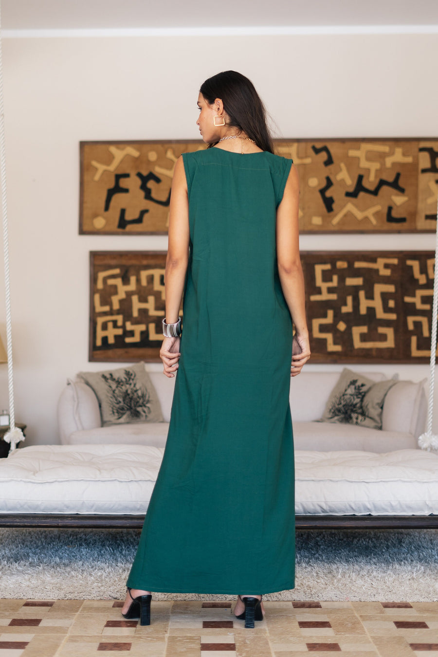 Chic sleeveless green embroidered caftan, elegant embroidered Caftan dress, Caftan maxi dress, Caftans for women, Cotton caftans summer