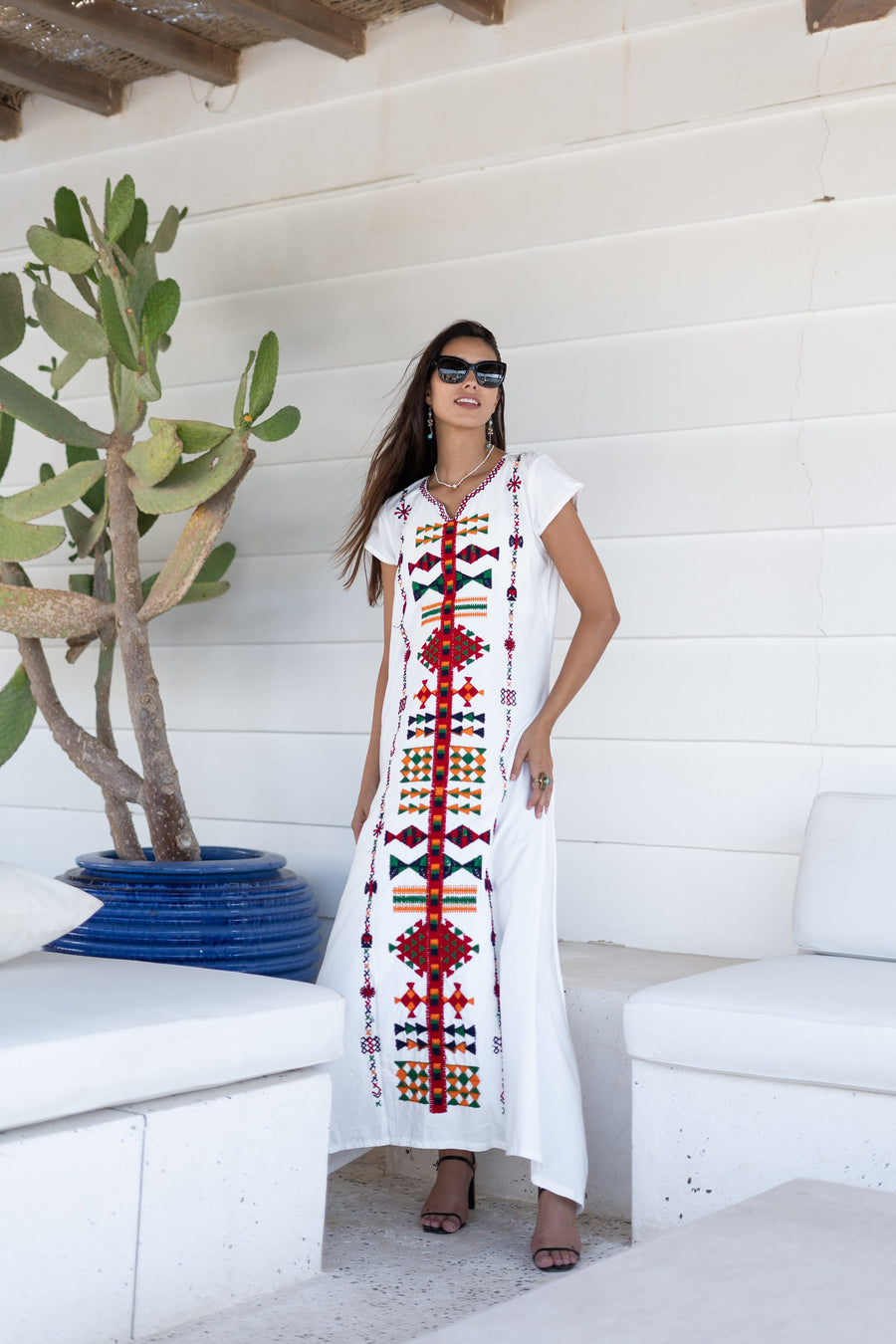 Siwa white embroidered kaftan, Maxi kaftan dress, Bohemian cotton Kaftan, Caftans for women