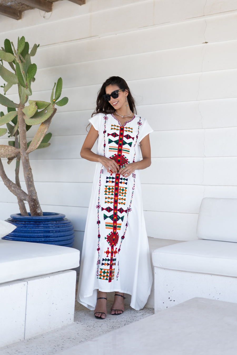 Siwa white embroidered kaftan, Maxi kaftan dress, Bohemian cotton Kaftan, Caftans for women