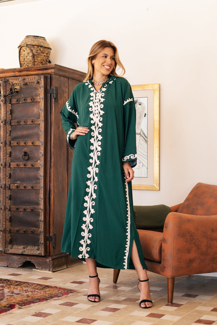 Luxurious hooded green embroidered caftan, Cotton summer caftan, chic caftan, Summer Kaftan, Caftans for women, caftans for women
