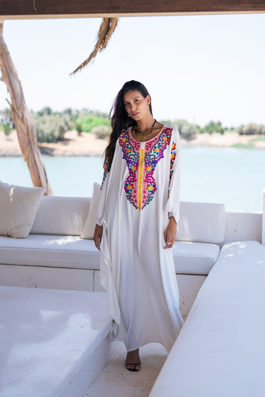Boho white embroidered kaftan for women, colorful caftan, women's kaftan, free size Kaftan, Summer Kaftan, Caftans for women