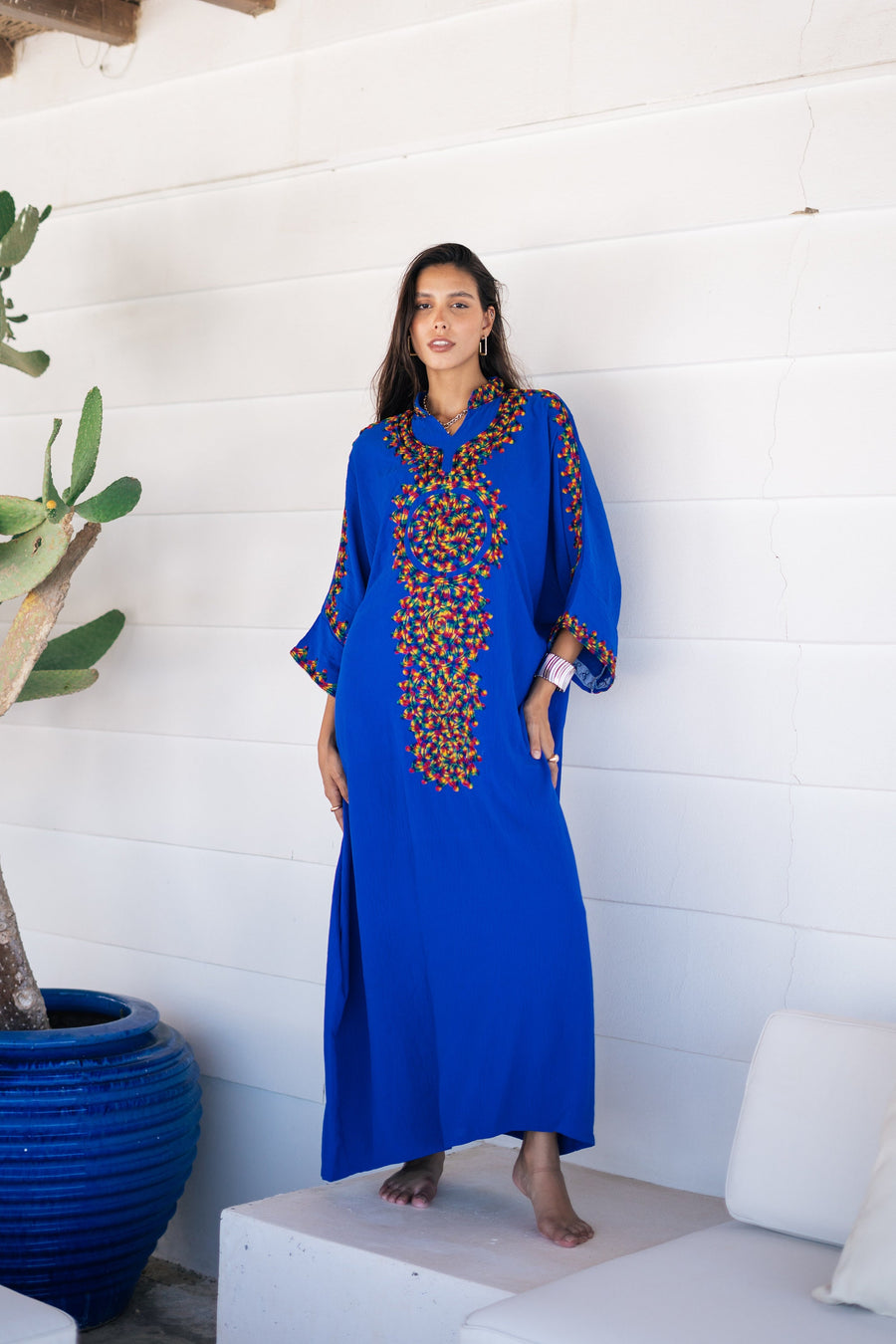 Boho colorful blue hand embroidered caftan for women, caftan, women's kaftan, free size Kaftan, Summer Kaftan, cotton Caftans