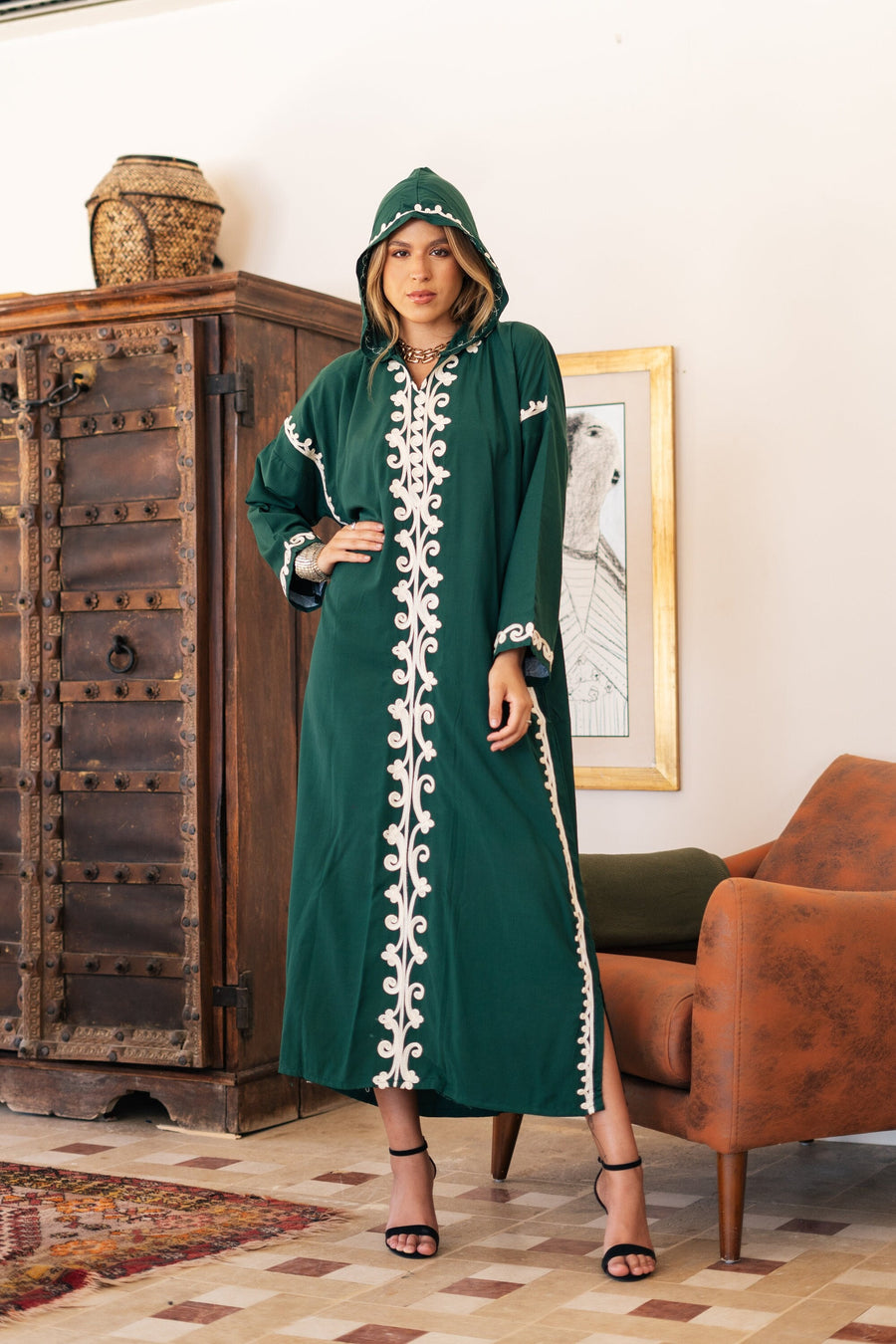 Luxurious hooded green embroidered caftan, Cotton summer caftan, chic caftan, Summer Kaftan, Caftans for women, caftans for women