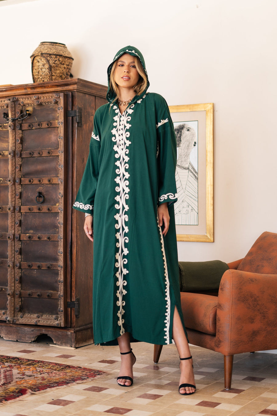 Luxurious hooded green embroidered caftan, Cotton summer caftan, chic caftan, Summer Kaftan, Caftans for women, caftans for women