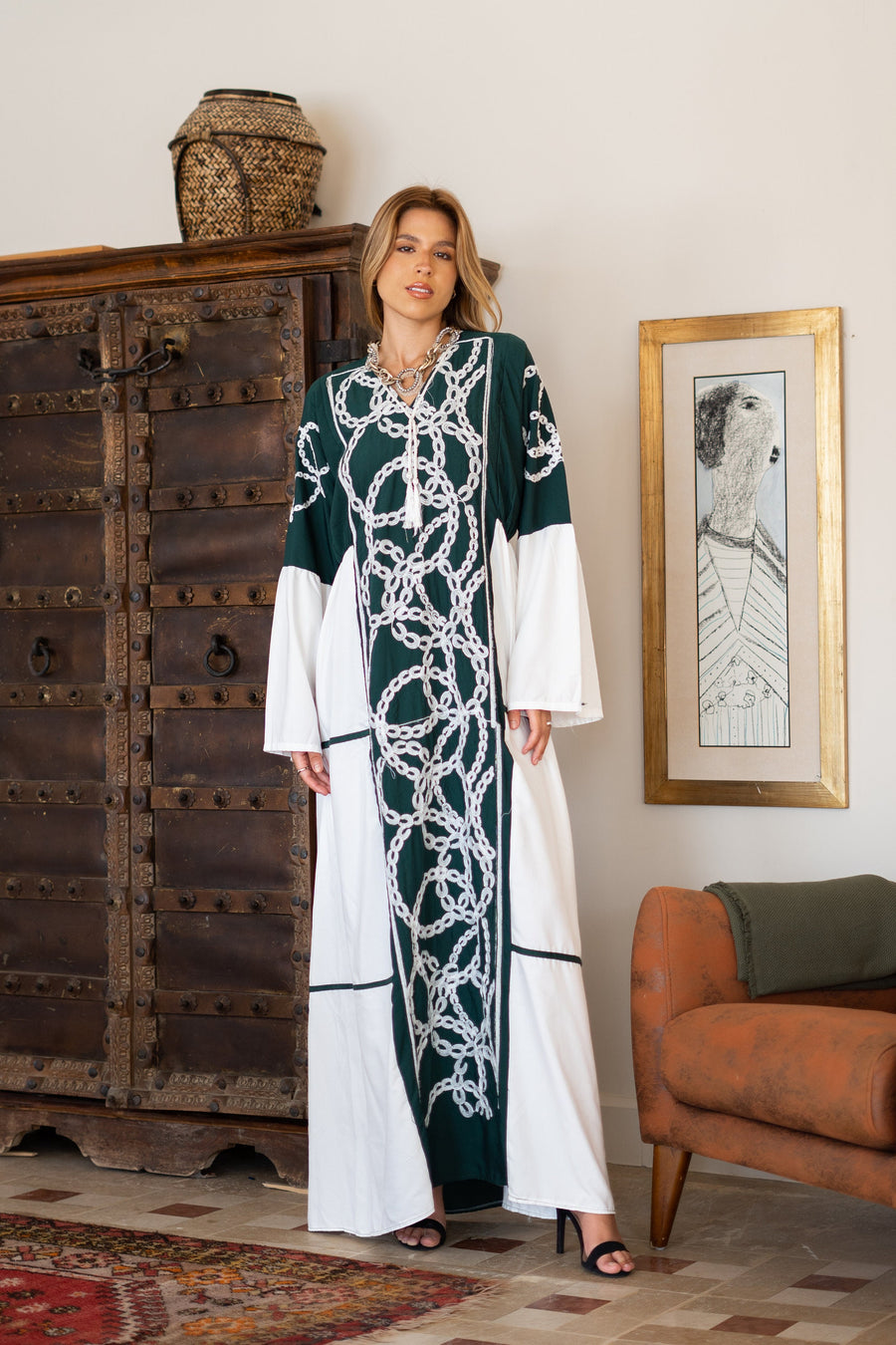 Classy green embroidered caftan maxi dress, Kaftan maxi dress, Cotton Gipci Classy green embroidered caftan maxi dress, Kaftan maxi dress, Cotton Gipci