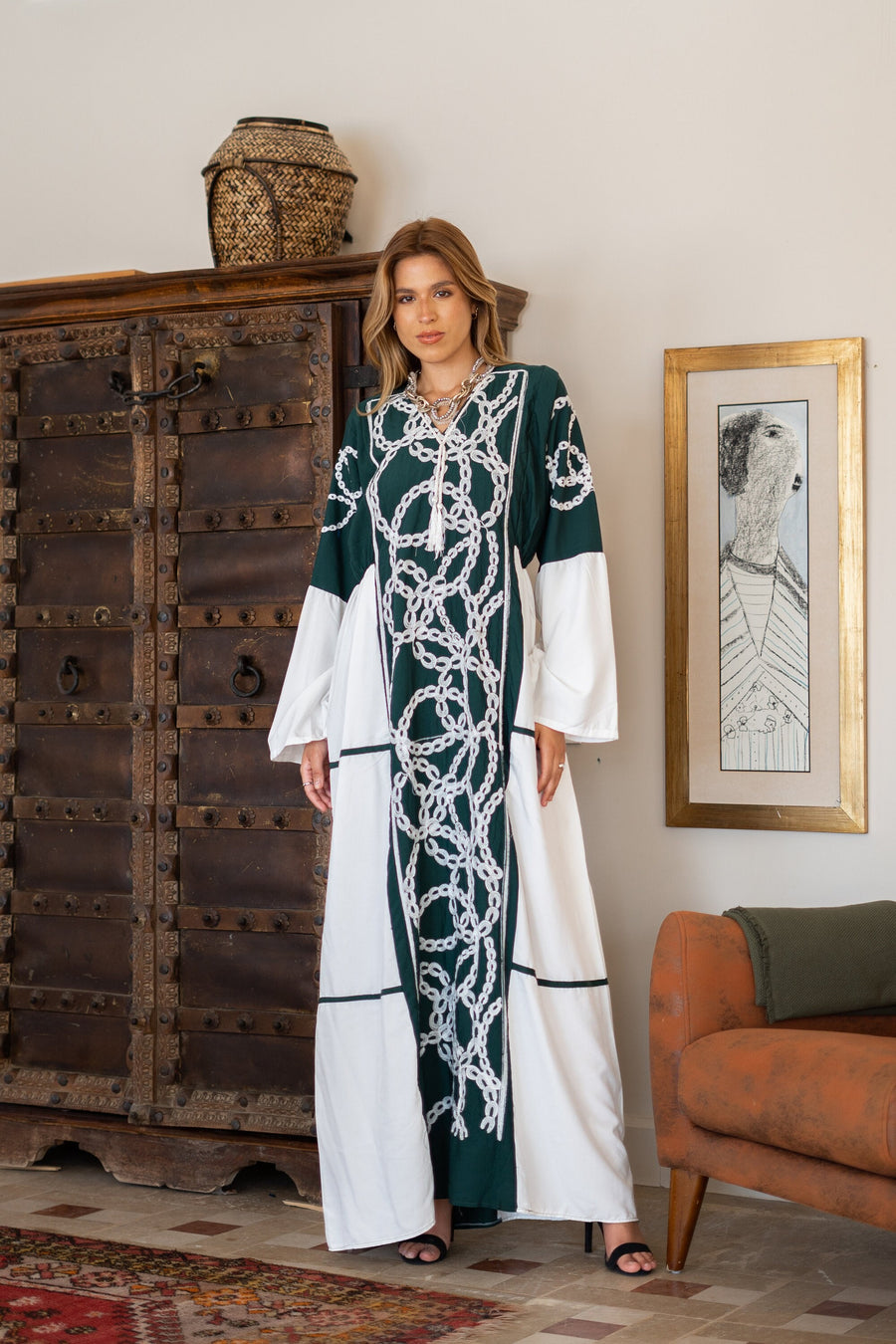Classy green embroidered caftan maxi dress, Kaftan maxi dress, Cotton Gipci Classy green embroidered caftan maxi dress, Kaftan maxi dress, Cotton Gipci