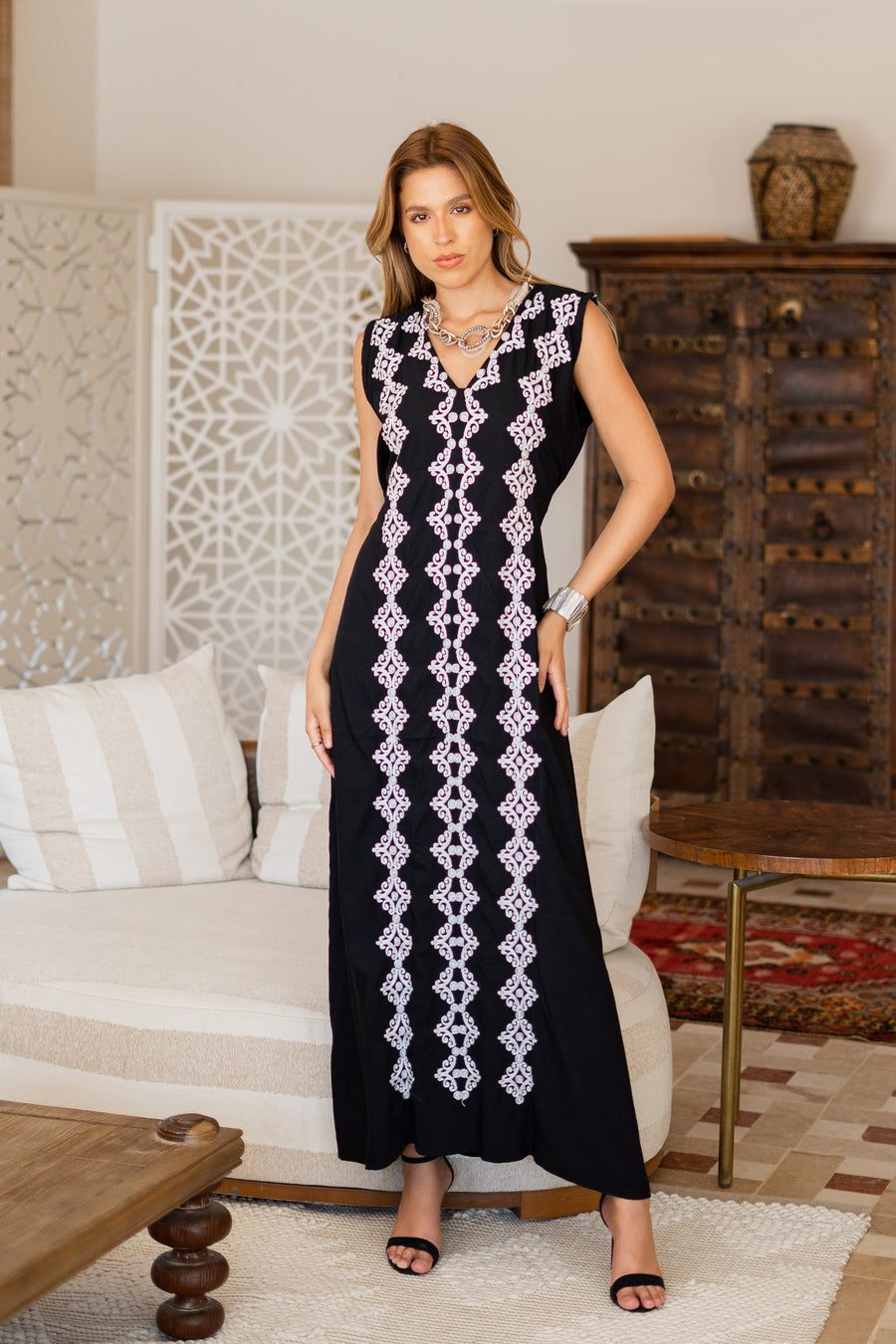 Chic sleeveless Navy blue embroidered caftan, elegant embroidered Caftan dress, Caftan maxi dress, Caftans for women, Cotton caftans summer