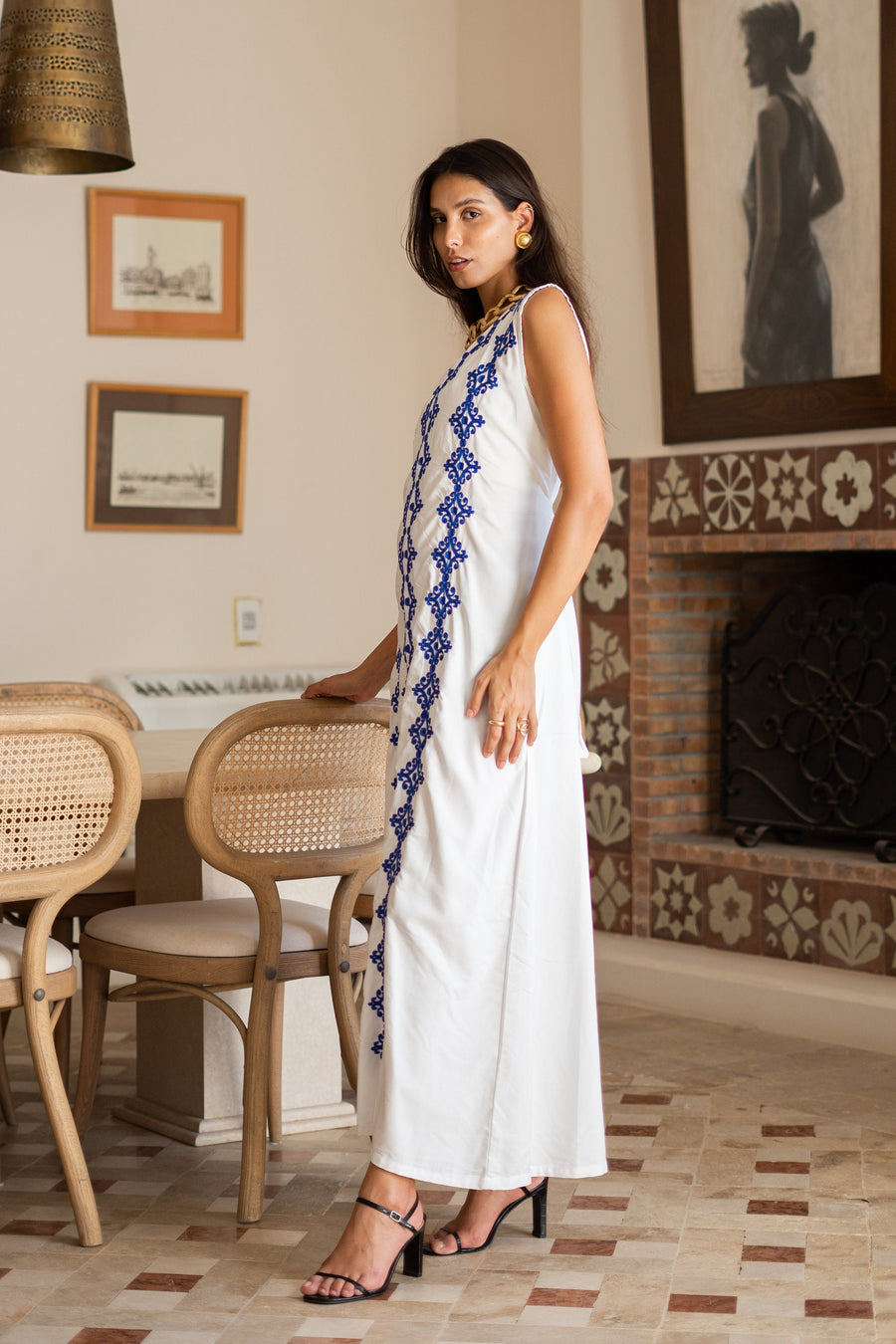 Chic sleeveless Navy blue embroidered caftan, elegant embroidered Caftan dress, Caftan maxi dress, Caftans for women, Cotton caftans summer