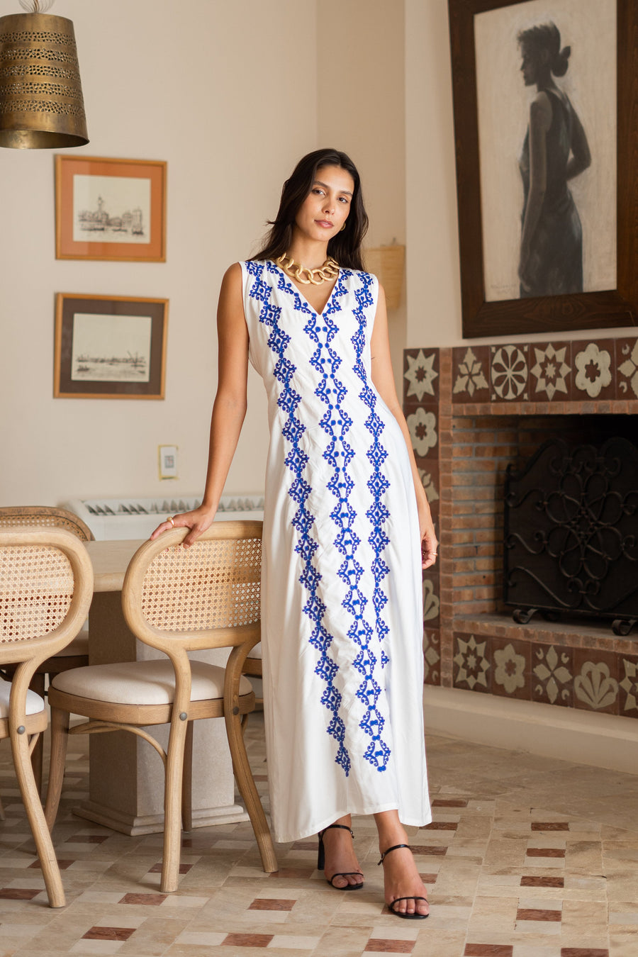 Chic sleeveless Navy blue embroidered caftan, elegant embroidered Caftan dress, Caftan maxi dress, Caftans for women, Cotton caftans summer