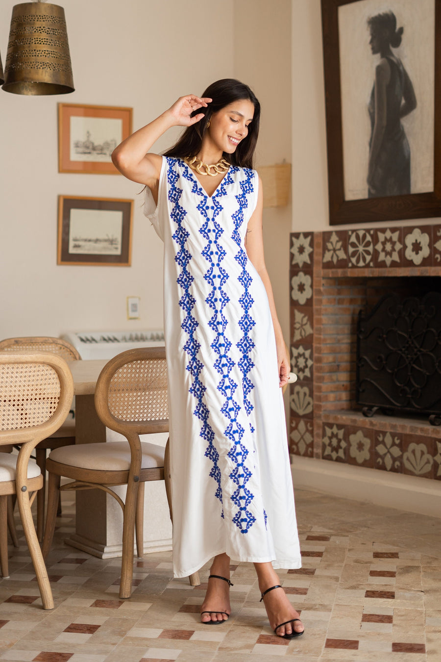 Chic sleeveless Navy blue embroidered caftan, elegant embroidered Caftan dress, Caftan maxi dress, Caftans for women, Cotton caftans summer