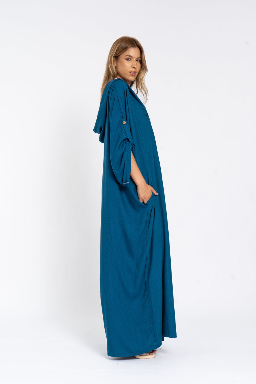 Blue hooded dressy linen kaftan dress with pockets, chic Linen caftans for women, Kaftan dress, Caftans for women, summer caftan