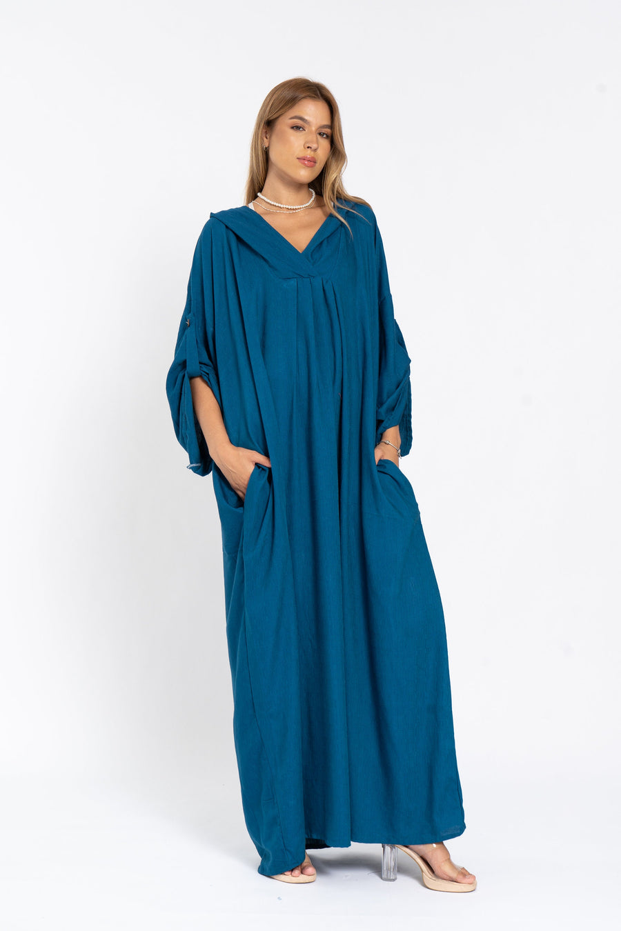 Blue hooded dressy linen kaftan dress with pockets, chic Linen caftans for women, Kaftan dress, Caftans for women, summer caftan
