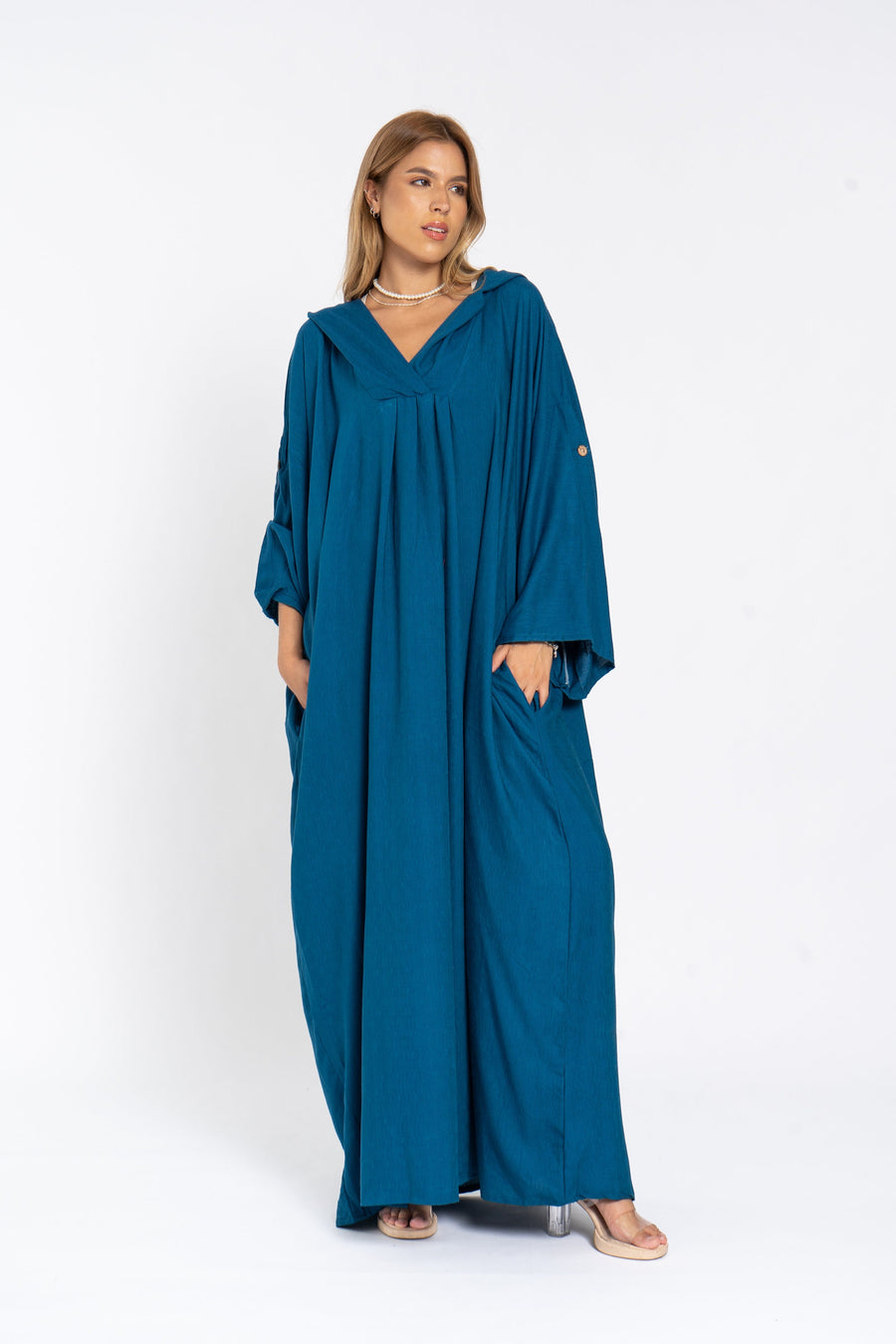 Blue hooded dressy linen kaftan dress with pockets, chic Linen caftans for women, Kaftan dress, Caftans for women, summer caftan