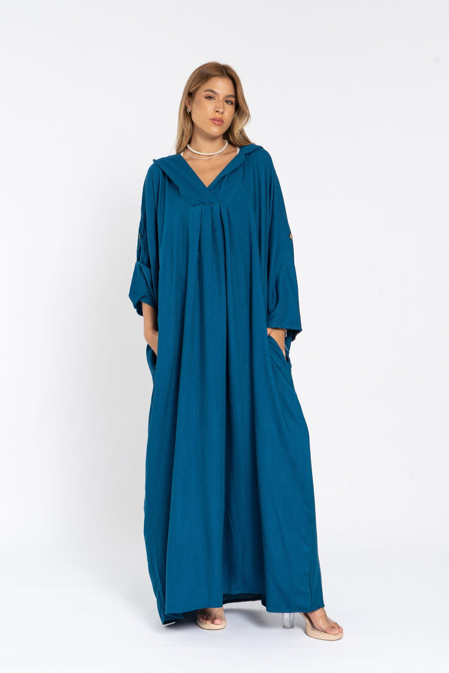 Blue hooded dressy linen kaftan dress with pockets, chic Linen caftans for women, Kaftan dress, Caftans for women, summer caftan