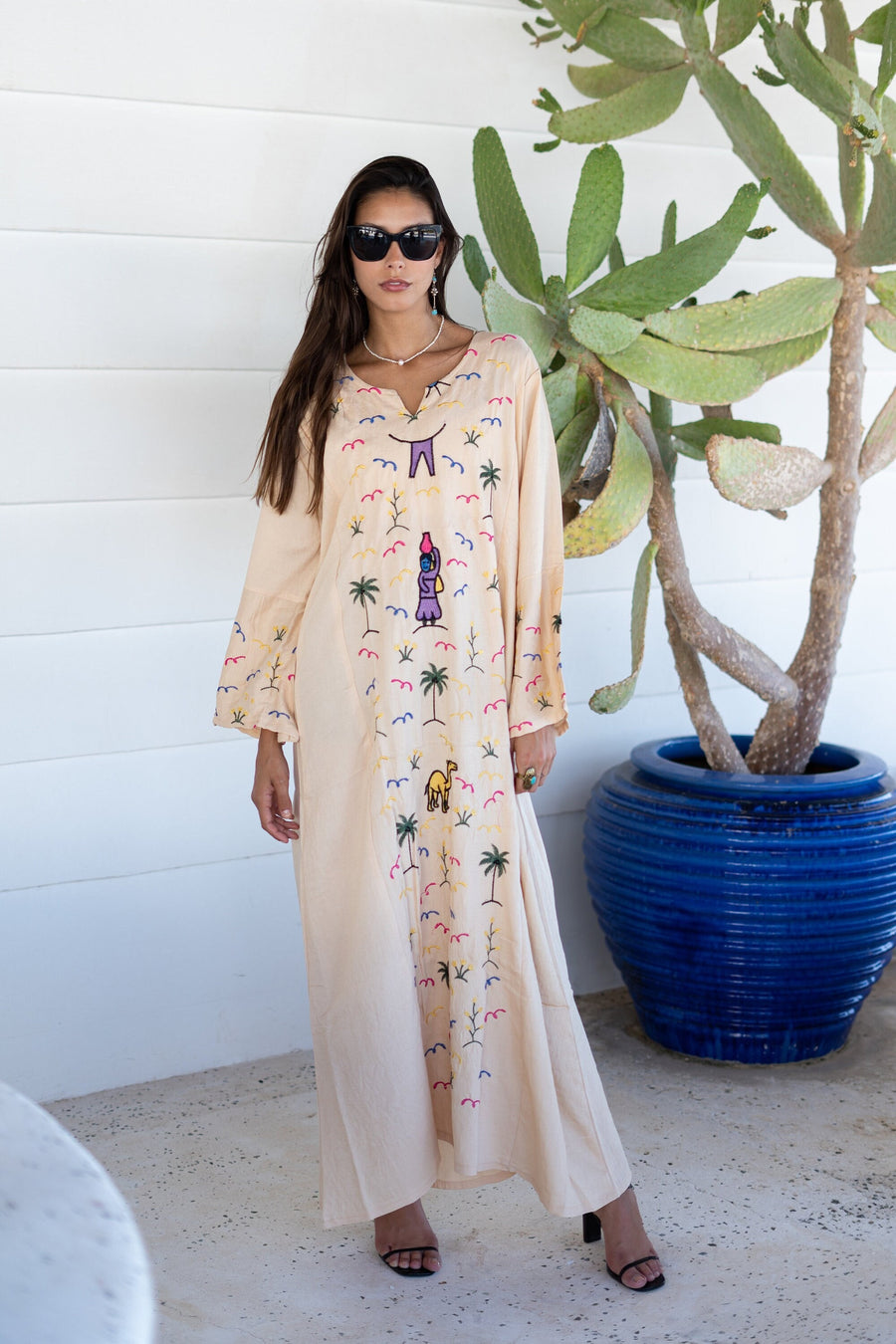 Boho beige embroidered linen caftan for women, embroidered women caftan for women, Boho caftan dress, caftans for women, Boho summer caftan