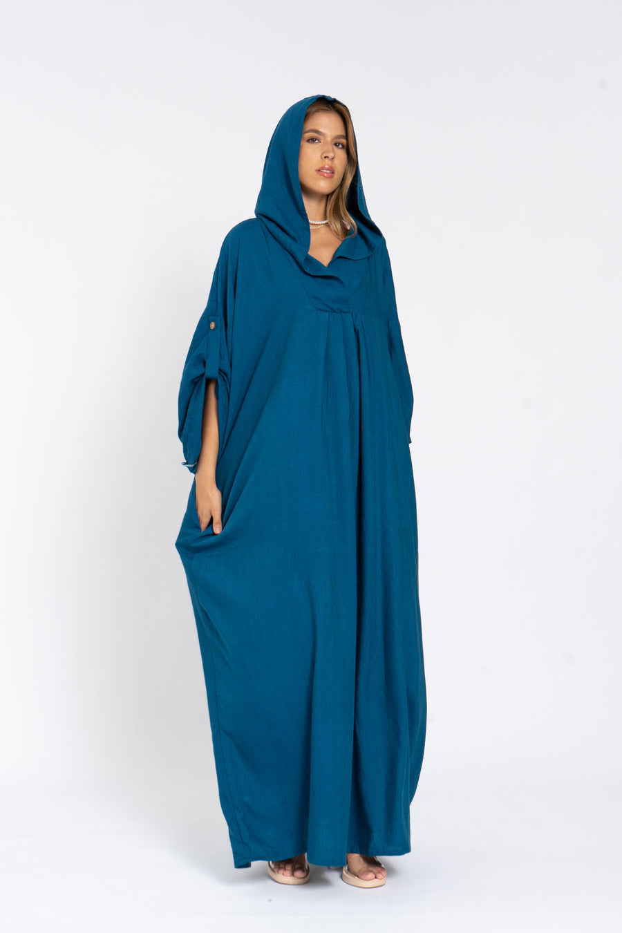 Blue hooded dressy linen kaftan dress with pockets, chic Linen caftans for women, Kaftan dress, Caftans for women, summer caftan