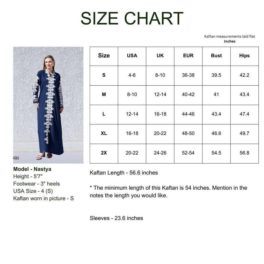 Elegant navy blue embroidered kaftan dress, Cotton caftan dress, Long sleeve caftan, Chic embroidered caftan, High quality Egyptian cotton