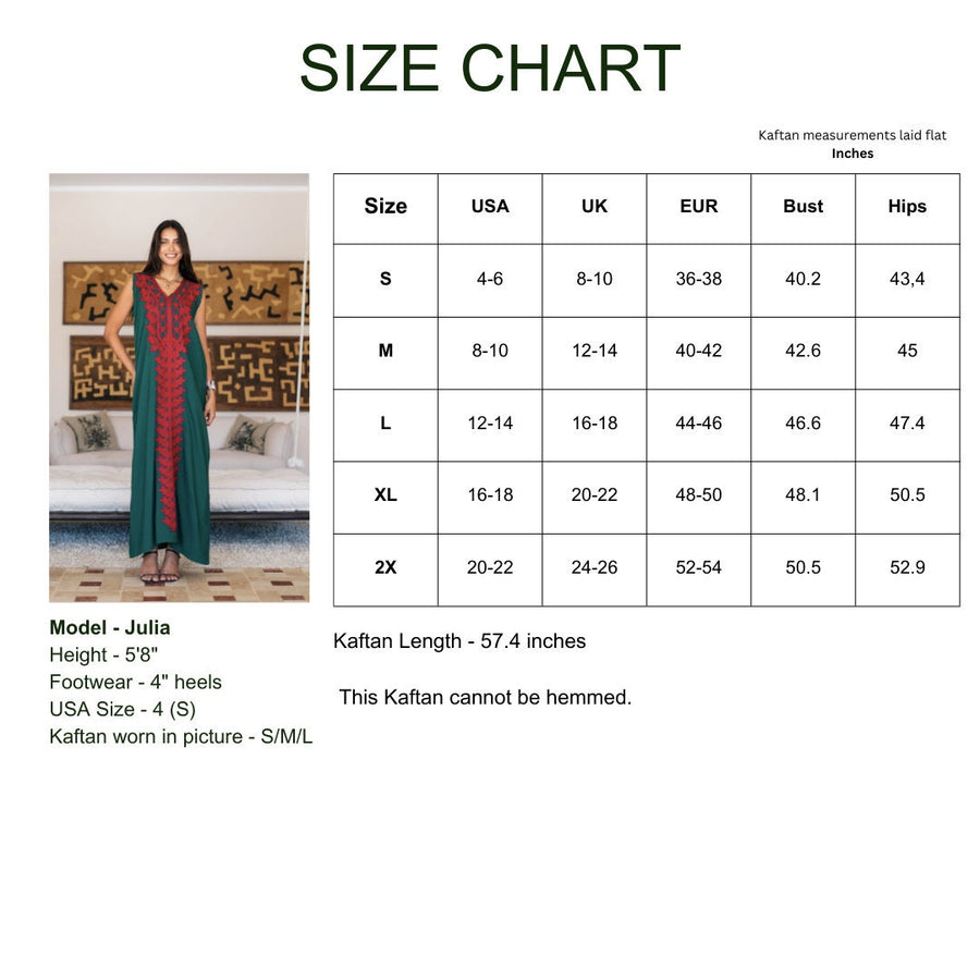 Chic sleeveless green embroidered caftan, elegant embroidered Caftan dress, Caftan maxi dress, Caftans for women, Cotton caftans summer