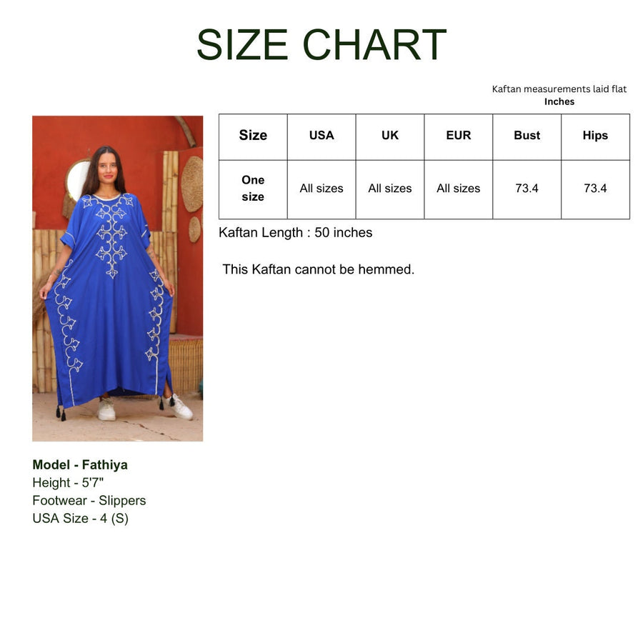 Royal blue hand embroidered women cotton caftan, women's kaftan, free size caftan, Summer Kaftan, cotton Caftans for women