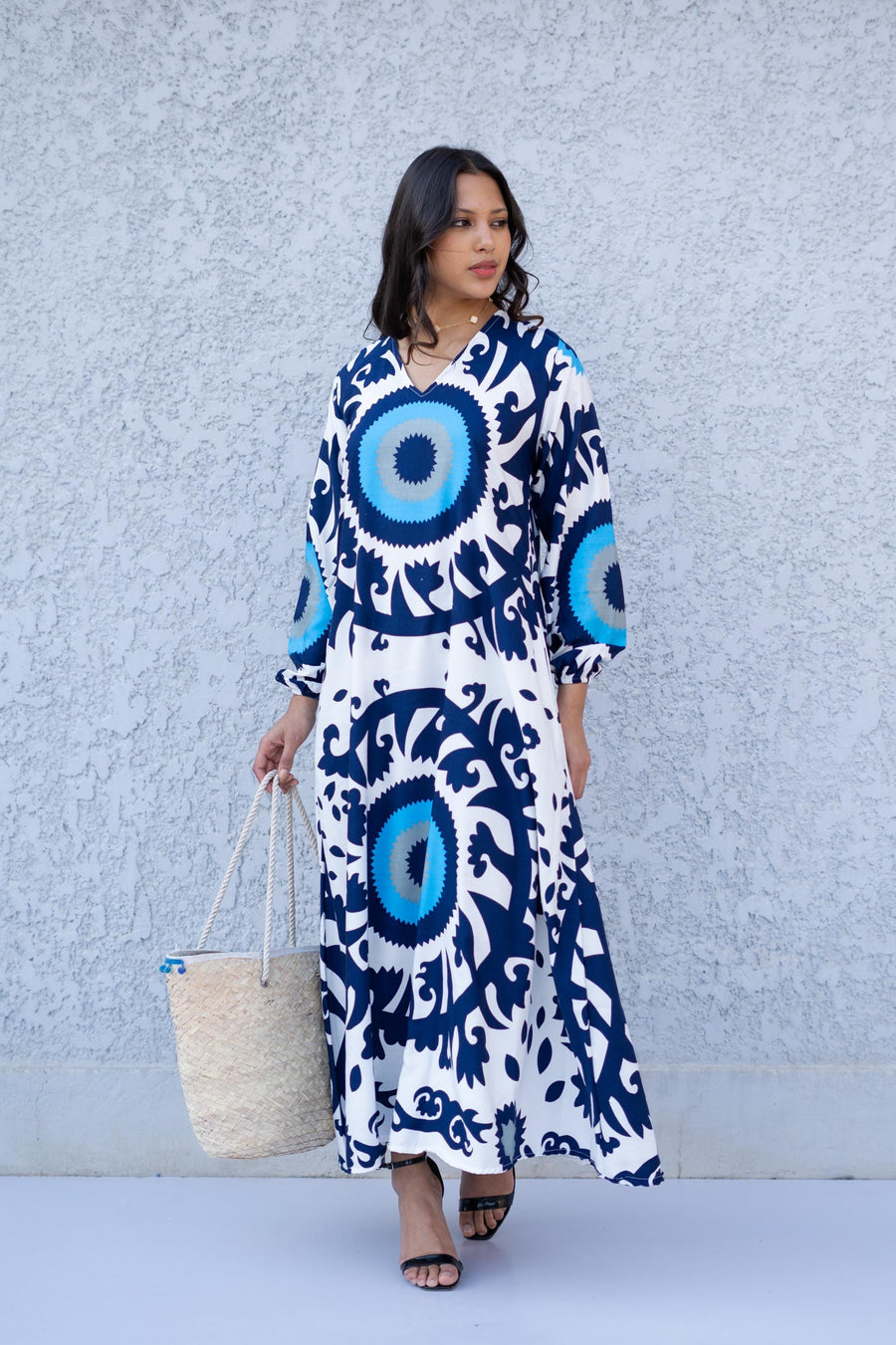 Evil Eye Blue Casual Long sleeve Boho Maxi dress with pockets, Caftans Gipci Evil Eye Blue Casual Long sleeve Boho Maxi dress with pockets, Caftans Gipci