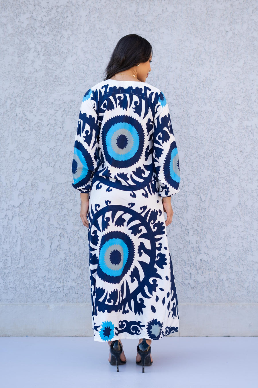 Evil Eye Blue Casual Long sleeve Boho Maxi dress with pockets, Caftans Gipci Evil Eye Blue Casual Long sleeve Boho Maxi dress with pockets, Caftans Gipci