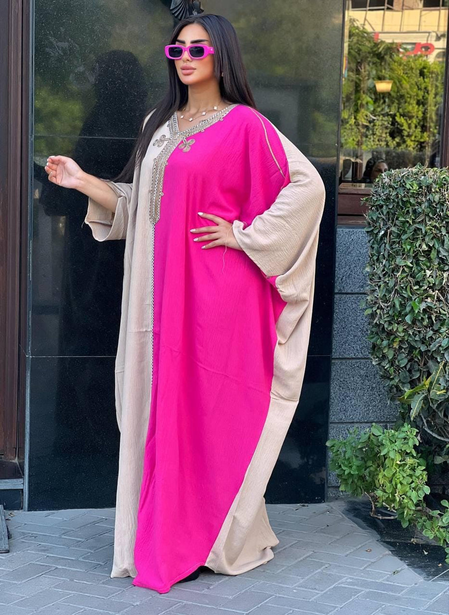 Elegant Half pink/off white butterfly Plus size Caftan for women, Loose fit Crepe Caftan, Kaftan, Kaftans, Moroccan Caftan