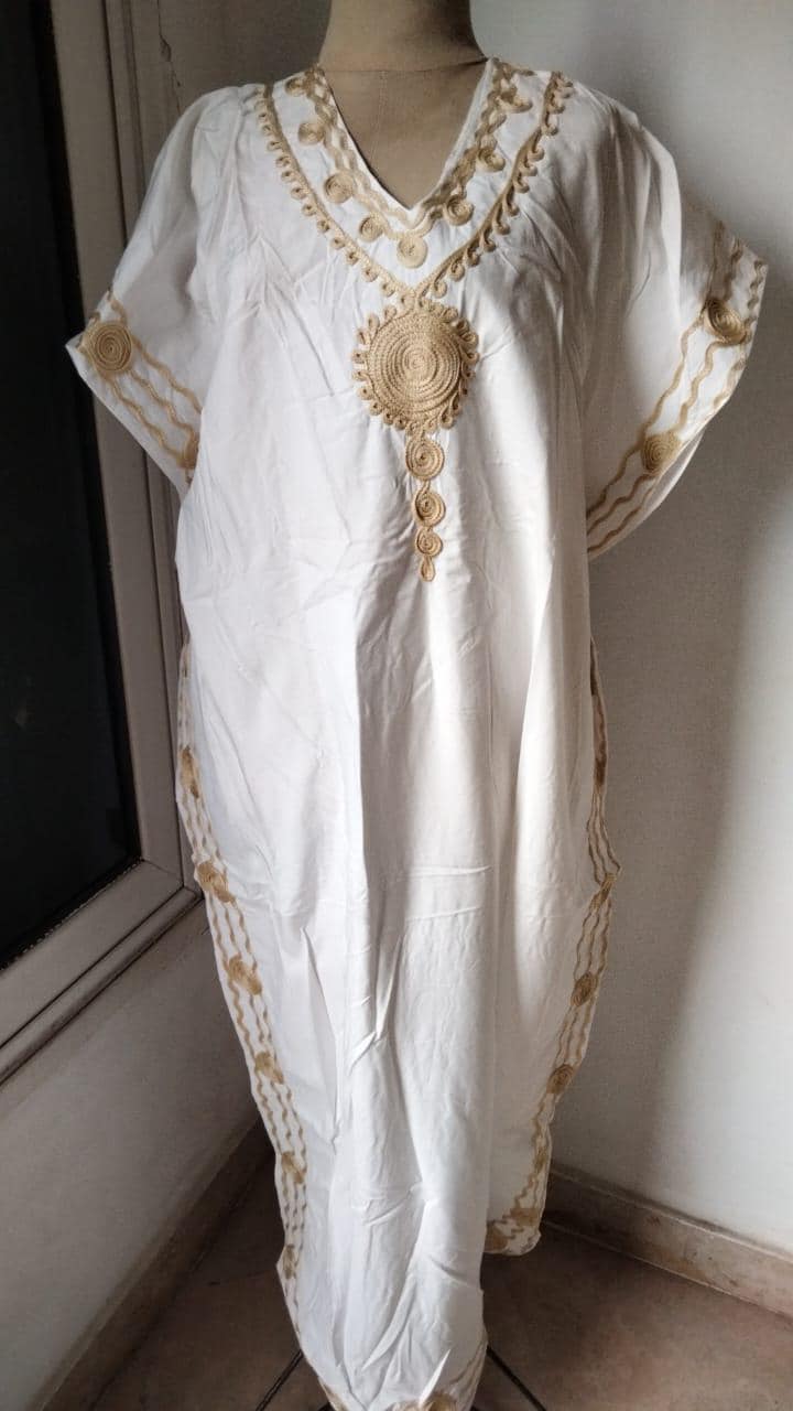 White Gold detailed hand embroidered caftan for women, caftan, women's kaftan, free size Kaftan, Summer Kaftan, cotton Caftans