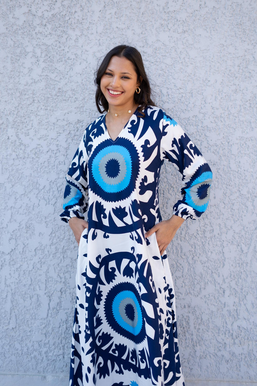 Evil Eye Blue Casual Long sleeve Boho Maxi dress with pockets, Caftans Gipci Evil Eye Blue Casual Long sleeve Boho Maxi dress with pockets, Caftans Gipci