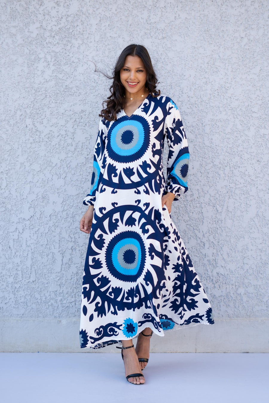 Evil Eye Blue Casual Long sleeve Boho Maxi dress with pockets, Caftans Gipci Evil Eye Blue Casual Long sleeve Boho Maxi dress with pockets, Caftans Gipci