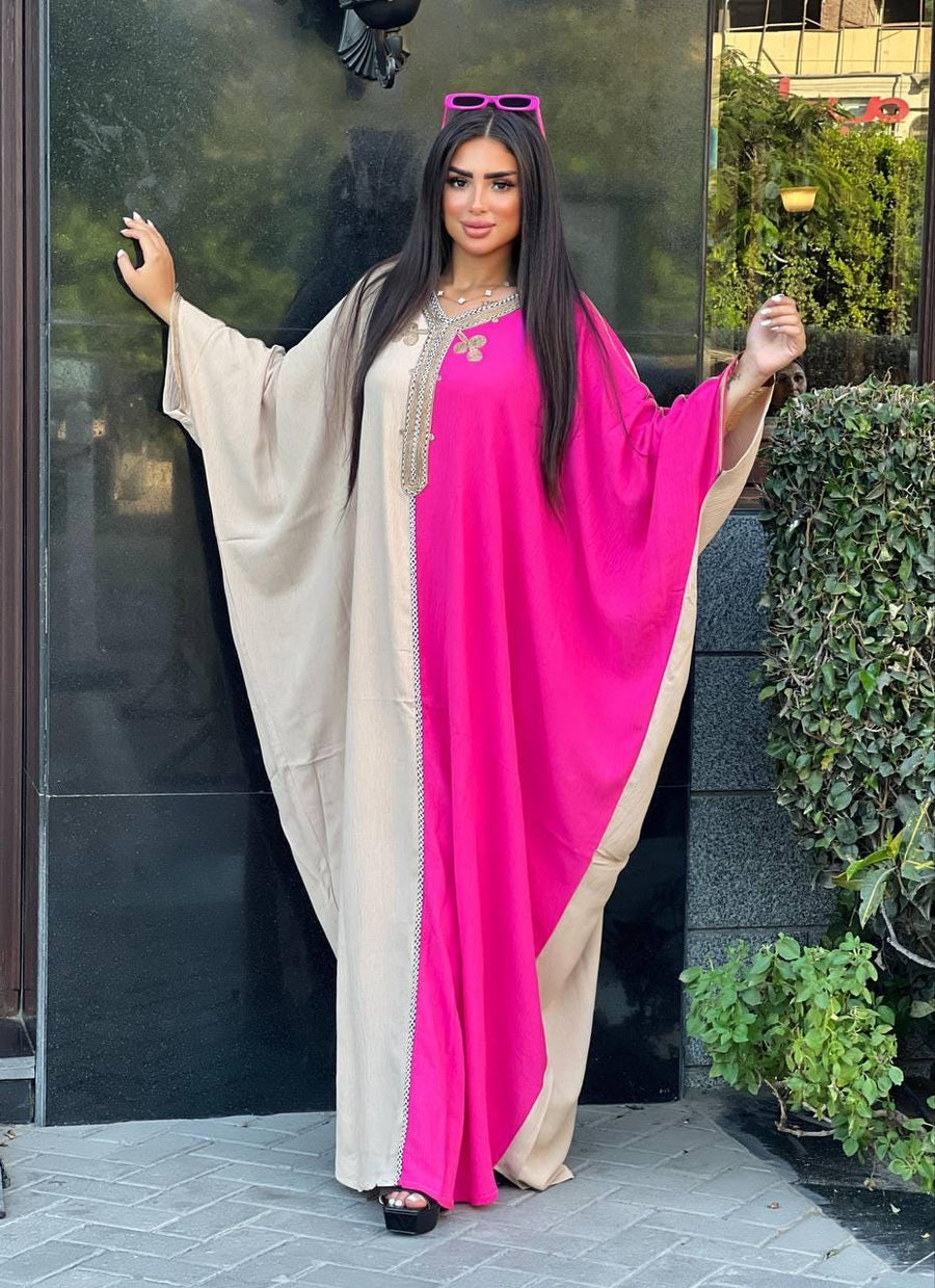 Elegant Half pink/off white butterfly Plus size Caftan for women, Loose fit Crepe Caftan, Kaftan, Kaftans, Moroccan Caftan