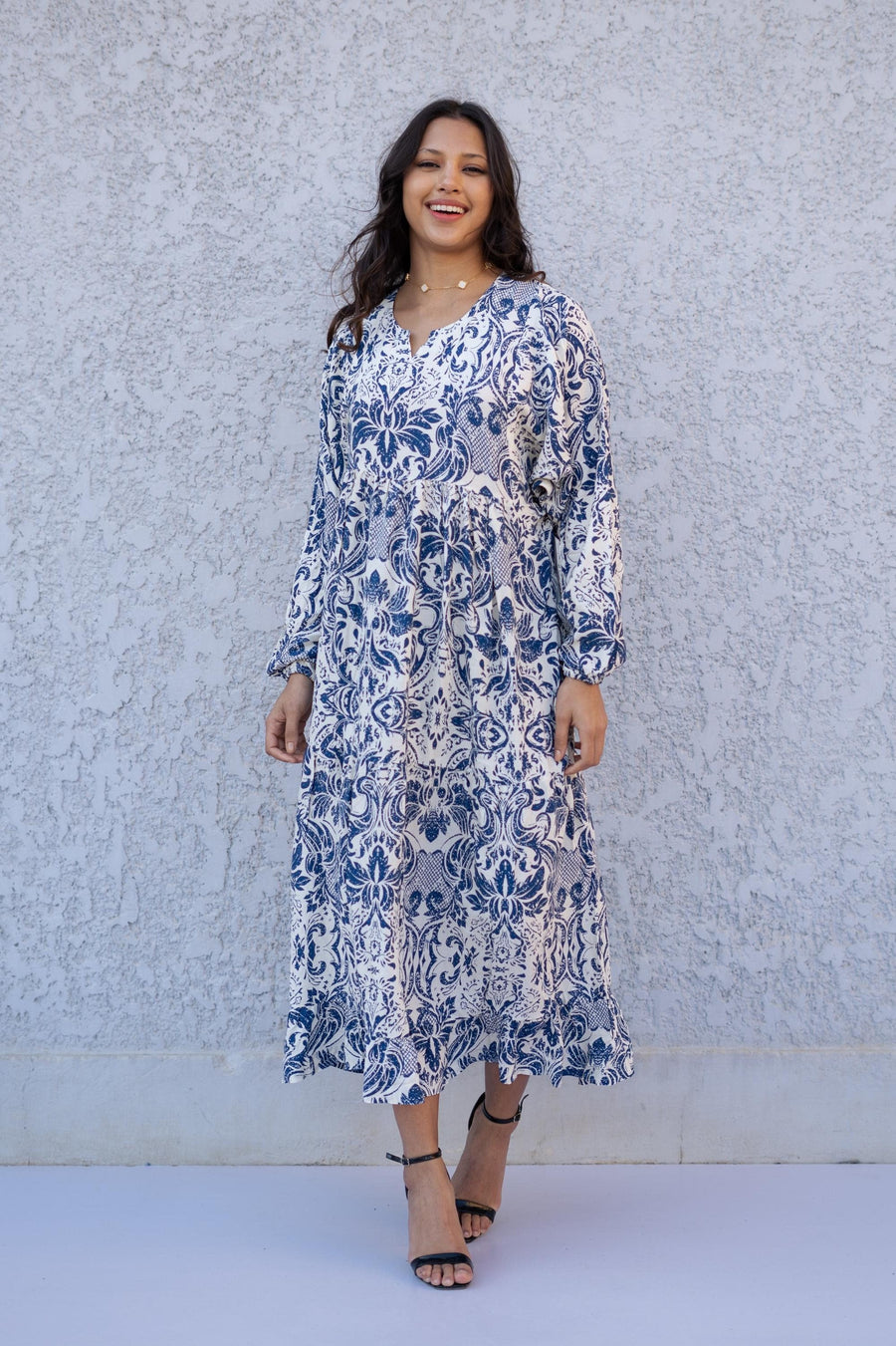Blue Midi Cotton Print Kaftan Maxi dress, Boho Wide Puffy sleeves caftan dress, caftans for women, Boho Kaftan dress, Caftans for women