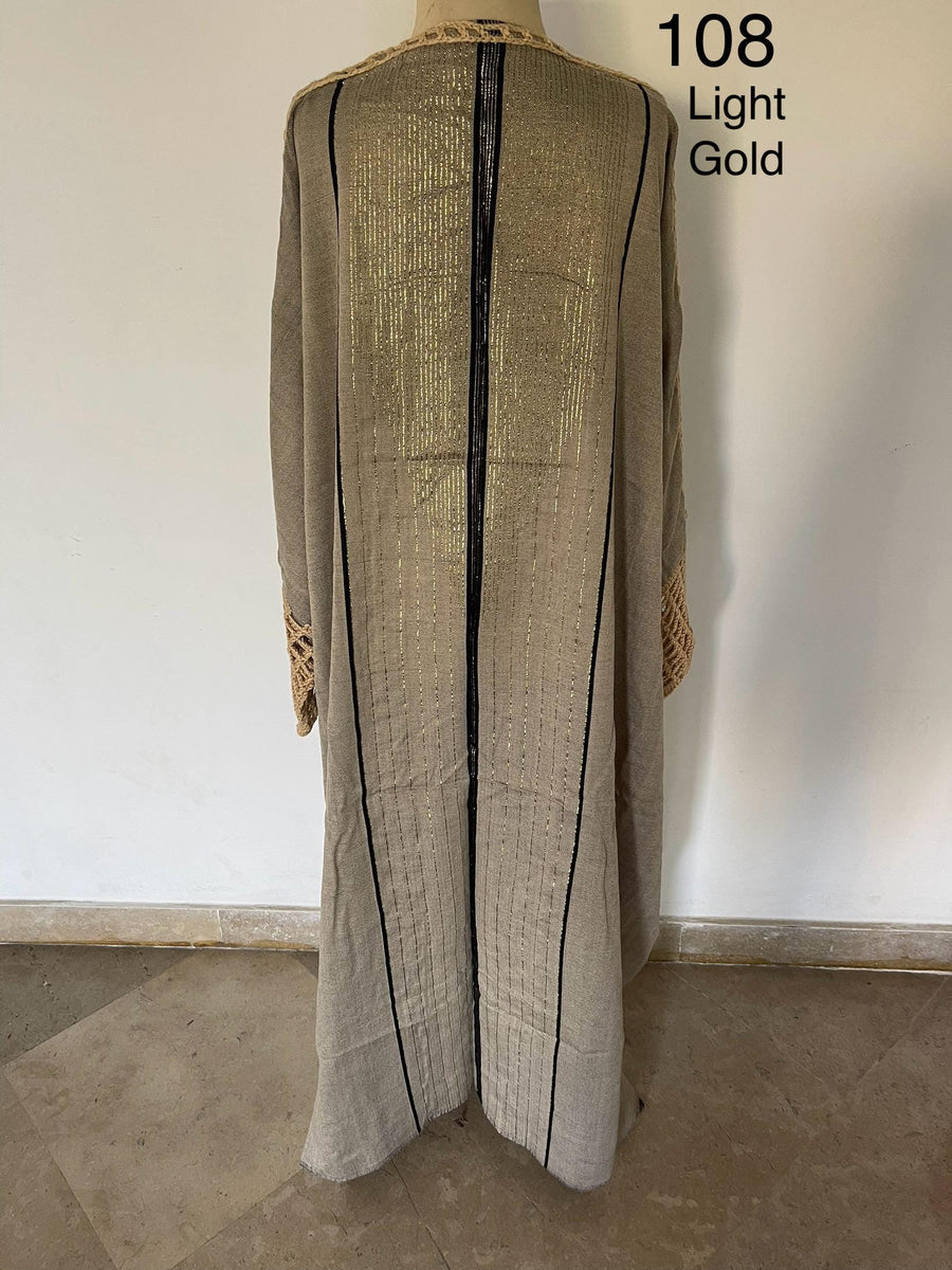 Egyptian Goddess Gold hand loomed Winter Abaya, Gold threads and crochet detail Abaya, Black Kimono, Boho Kimono, Abaya, Handmade Abaya