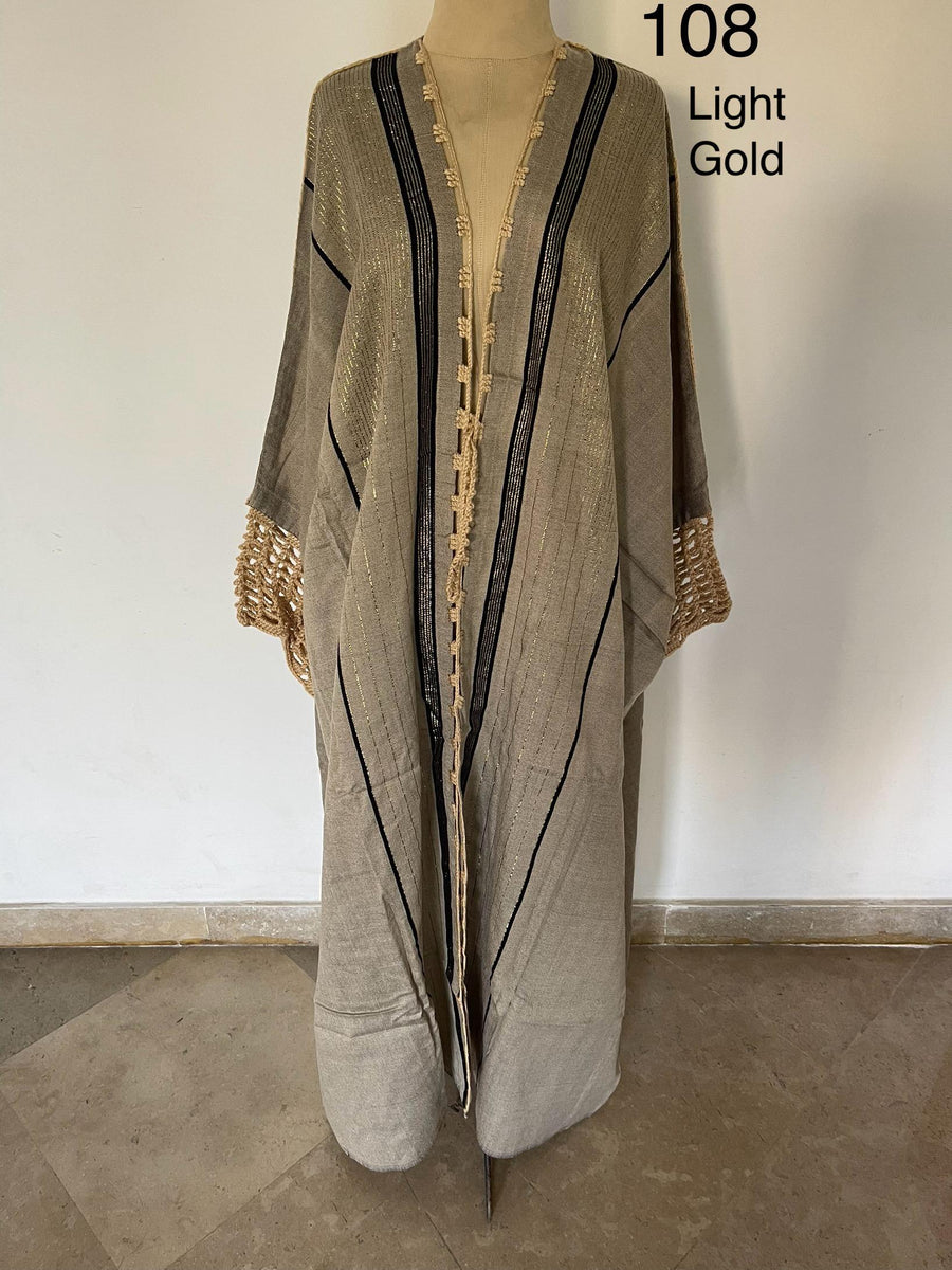 Egyptian Goddess Gold hand loomed Winter Abaya, Gold threads and crochet detail Abaya, Black Kimono, Boho Kimono, Abaya, Handmade Abaya