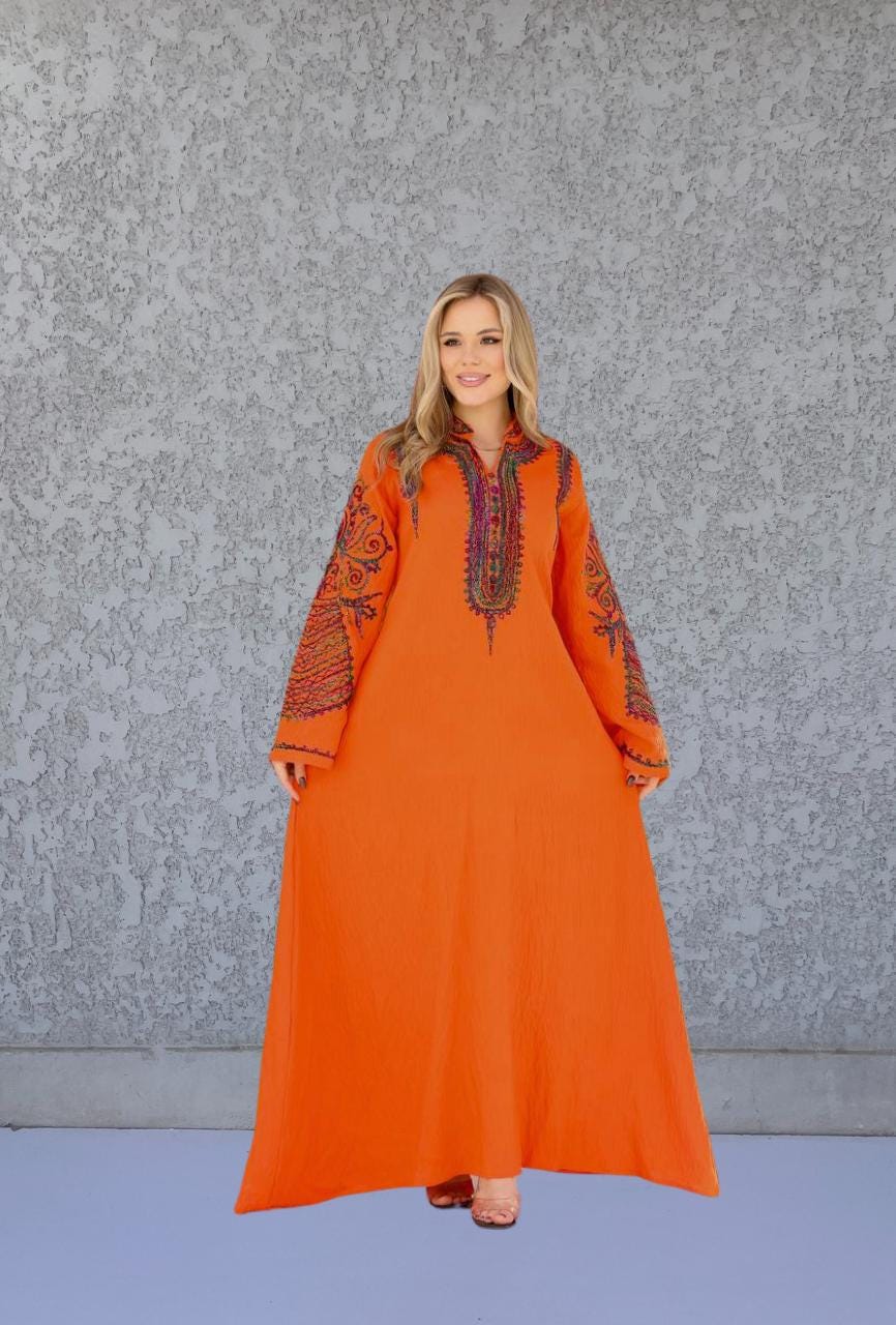 Chic orange flared sleeves hand embroidered Caftan, caftans for women, Kaftans, embroidered Caftan dress, Caftan maxi dress