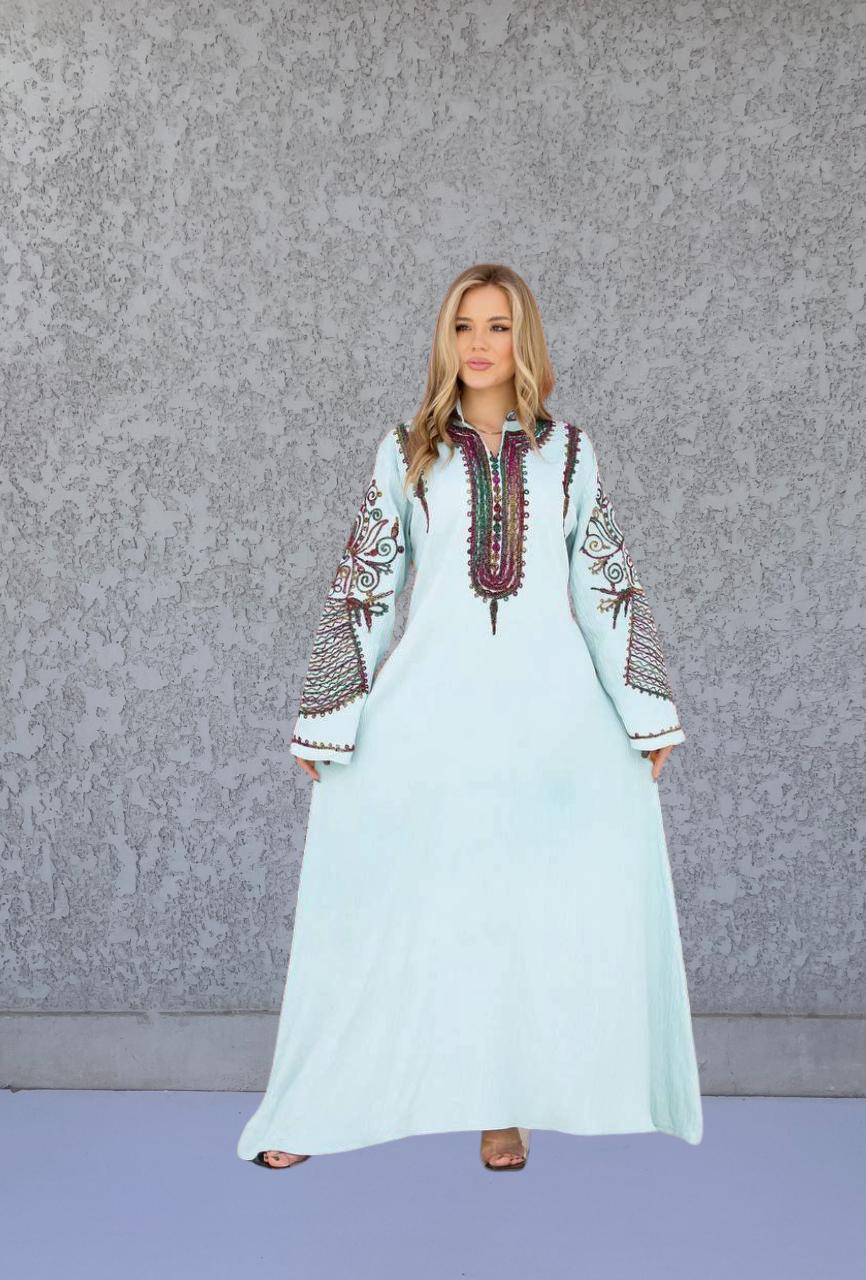 Chic Turquoise flared sleeves hand embroidered Caftan, caftans for women, Kaftans, embroidered Caftan dress, Caftan maxi dress
