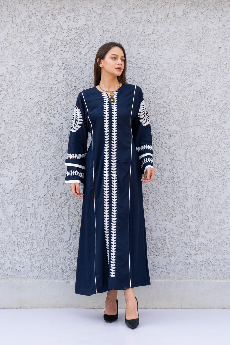 Elegant Royal blue embroidered kaftan dress, Cotton caftan women, Long sleeve caftan, Chic embroidered caftan, High quality Egyptian cotton