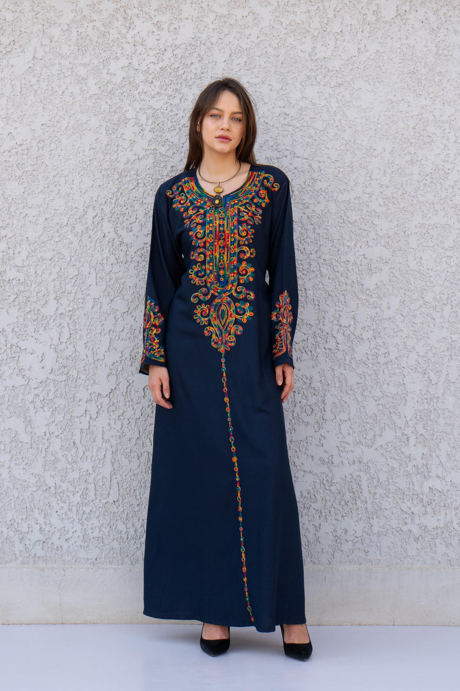 Black embroidered caftan dress, Front and back embroidered Cotton caftan, Chic embroidered caftan, Egyptian cotton caftans for women