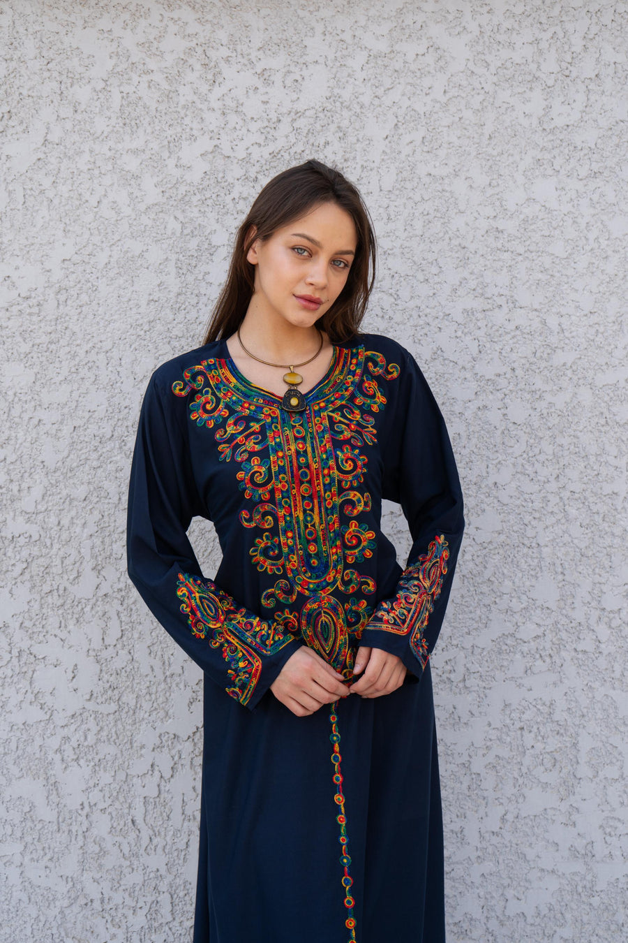 Black embroidered caftan dress, Front and back embroidered Cotton caftan, Chic embroidered caftan, Egyptian cotton caftans for women