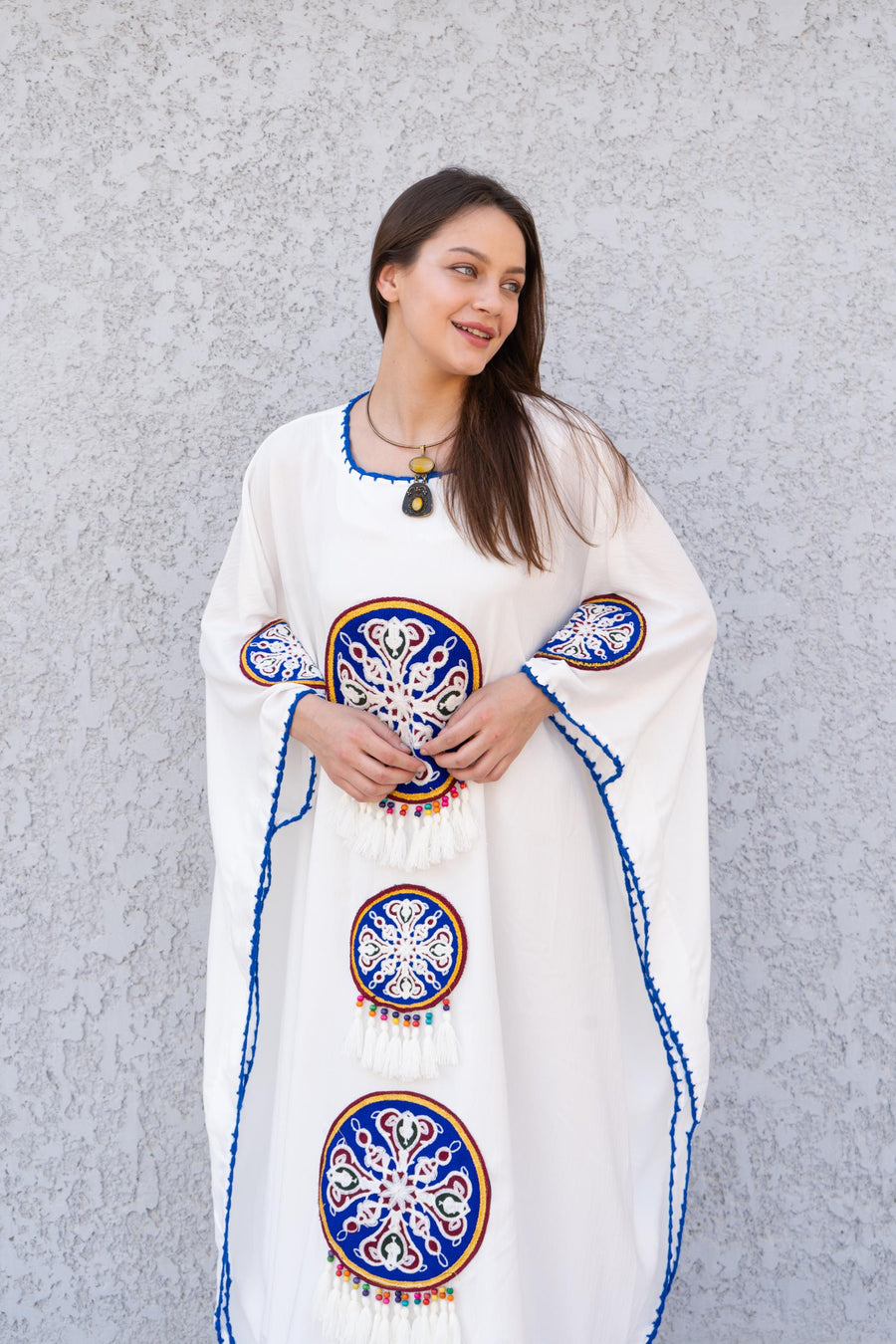 Elegant striped linen Green hand embroidered Caftan for women, Linen Kaftan, house dress, Elegant kaftan, Egyptian cotton.