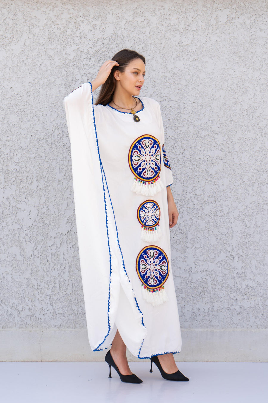 Elegant striped linen Green hand embroidered Caftan for women, Linen Kaftan, house dress, Elegant kaftan, Egyptian cotton.