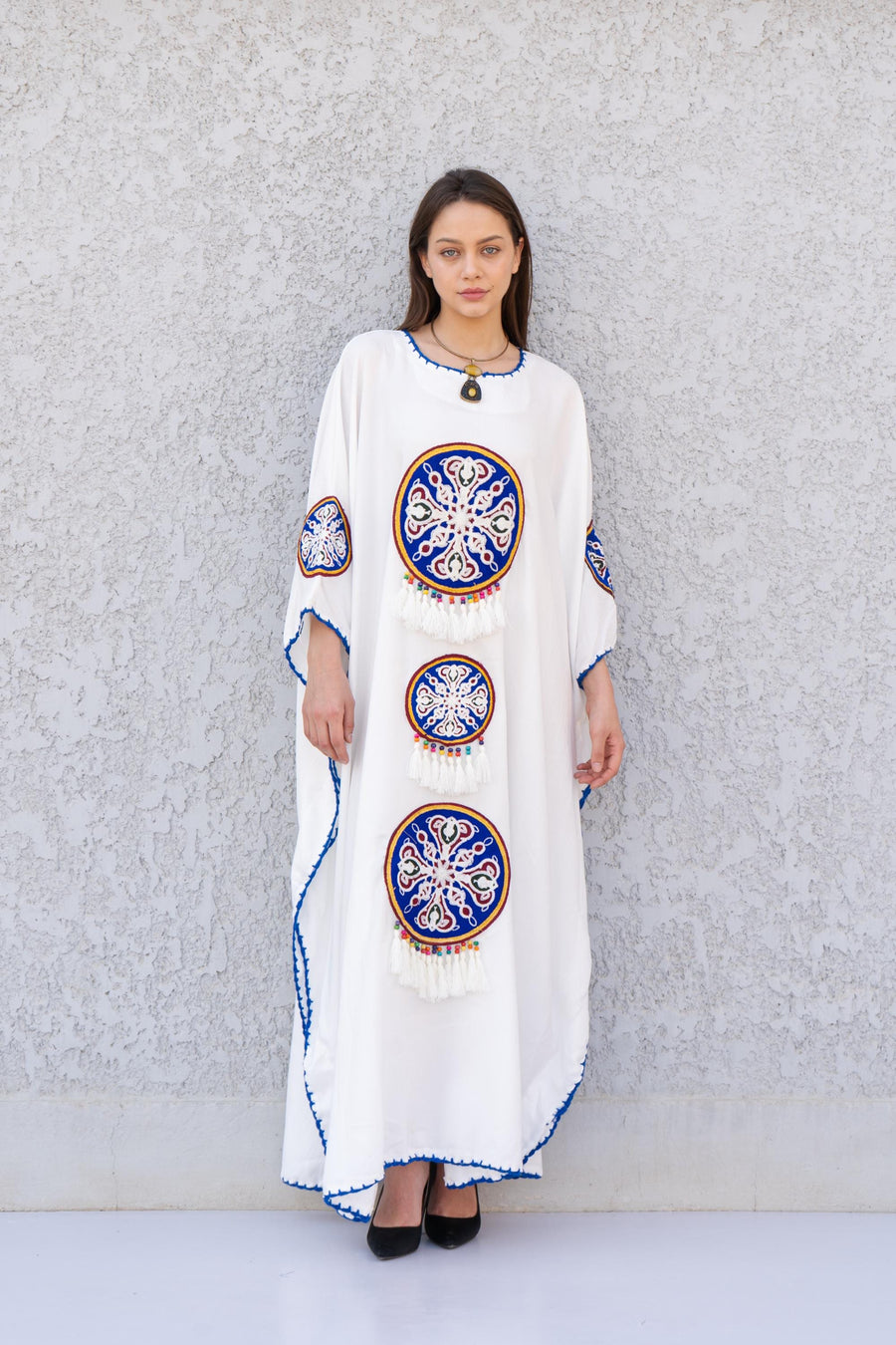 Elegant striped linen Green hand embroidered Caftan for women, Linen Kaftan, house dress, Elegant kaftan, Egyptian cotton.