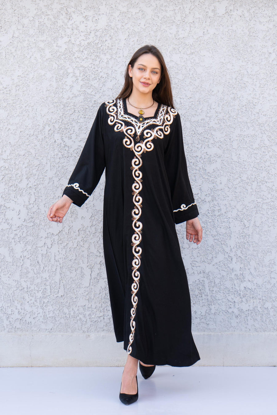 Black embroidered caftan dress, Front and back embroidered Cotton caftan, Chic embroidered caftan, Egyptian cotton caftans for women